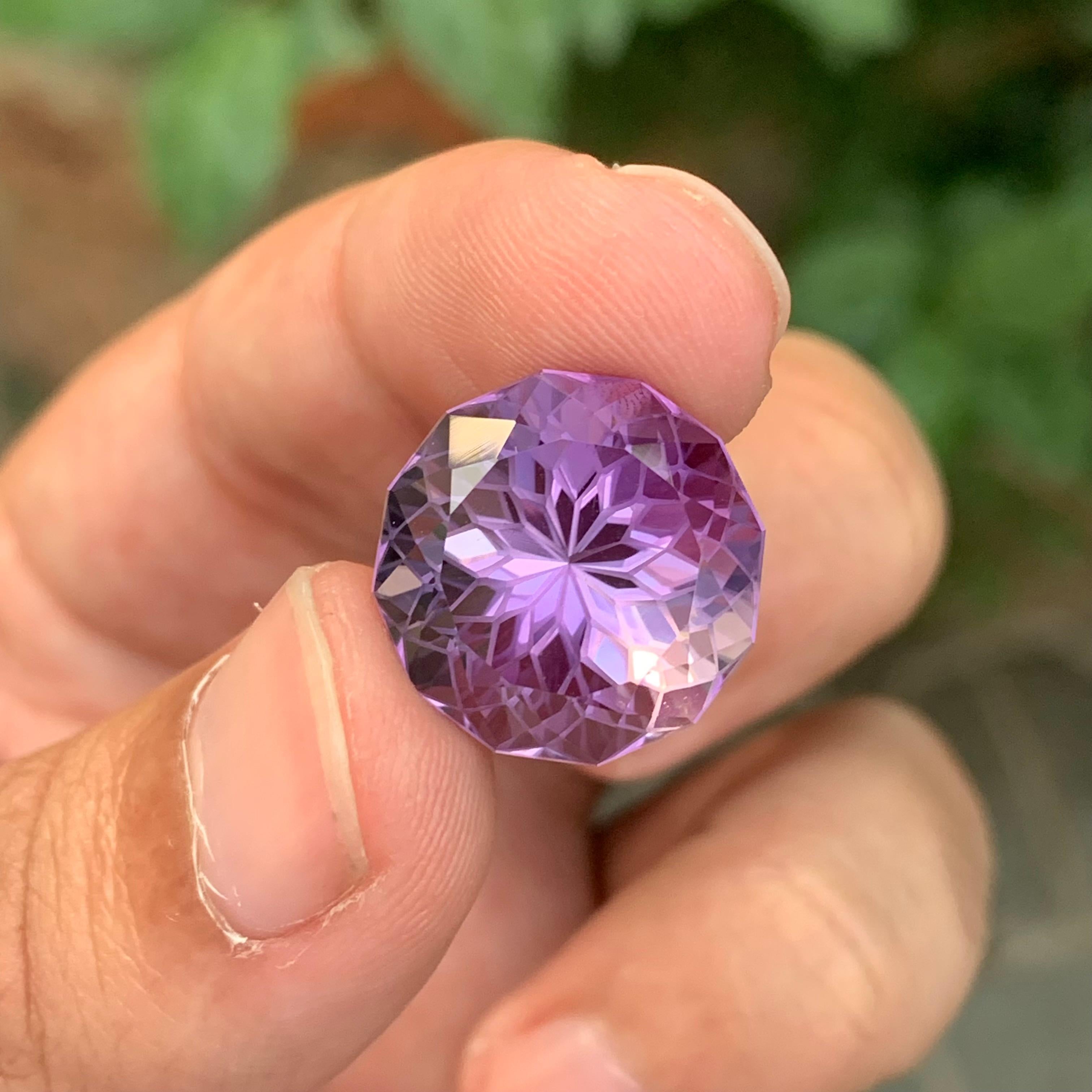 Stone: Amethyst 
Weight : 18.25 Carats
Dimension: 17.1 x 17.1 x 12.9 Mm
Origin: Brazil
Shape: Round Flower Cut
Color: Purple
Treatment: Non
Certificate: On Customer Demand
Amethyst, a stunning violet variety of quartz, is known not only for its