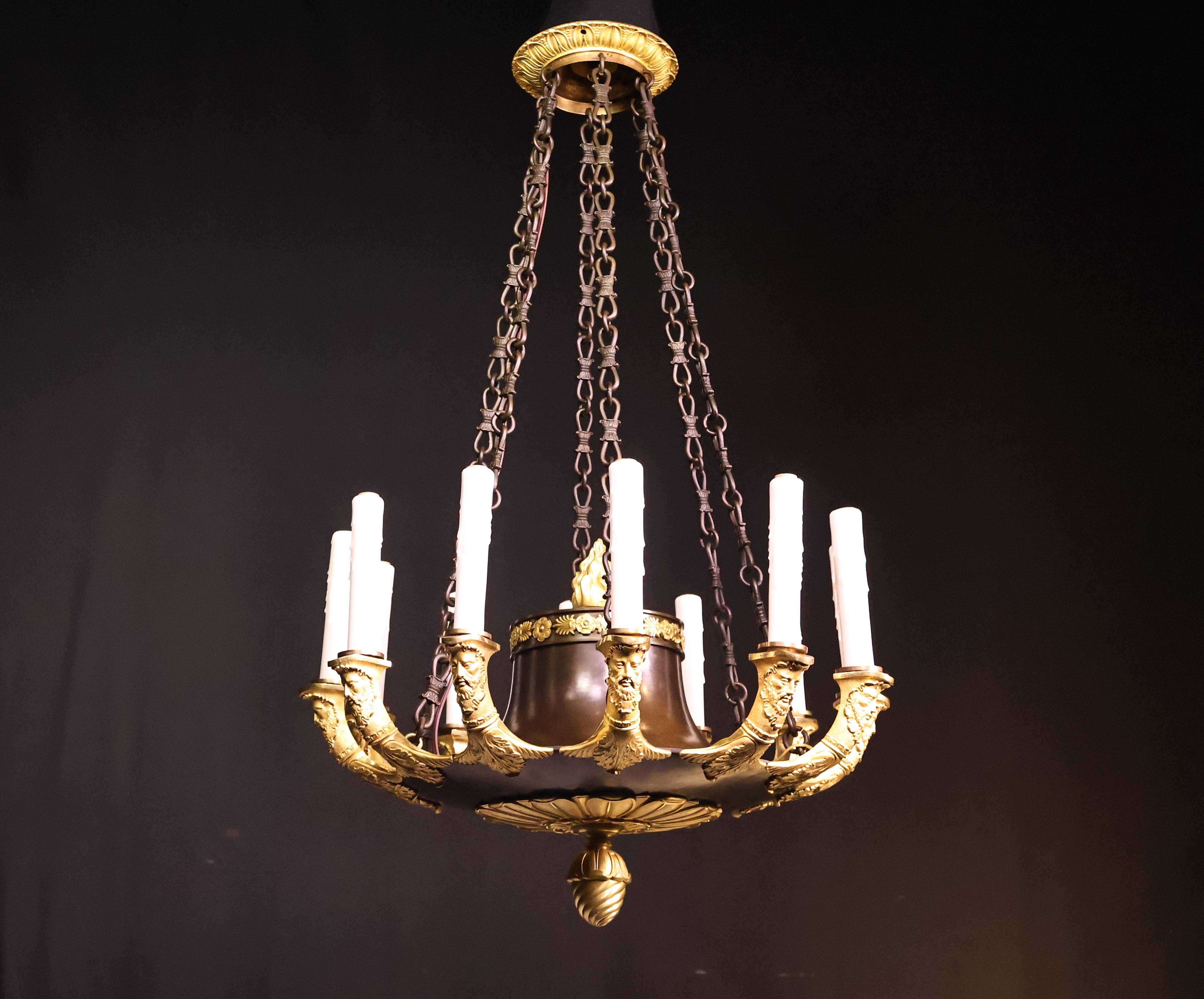 A Superb Charles X Chandelier, totally original, never electrified. Original gilt & patinated bronze. Exquisite detail. France, circa 1825. 
Dimensions: Height 42
