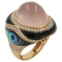 18.25Ct Rose Quartz Abalone Shell Diamond Cocktail Ring in 14 Karat Rose Gold