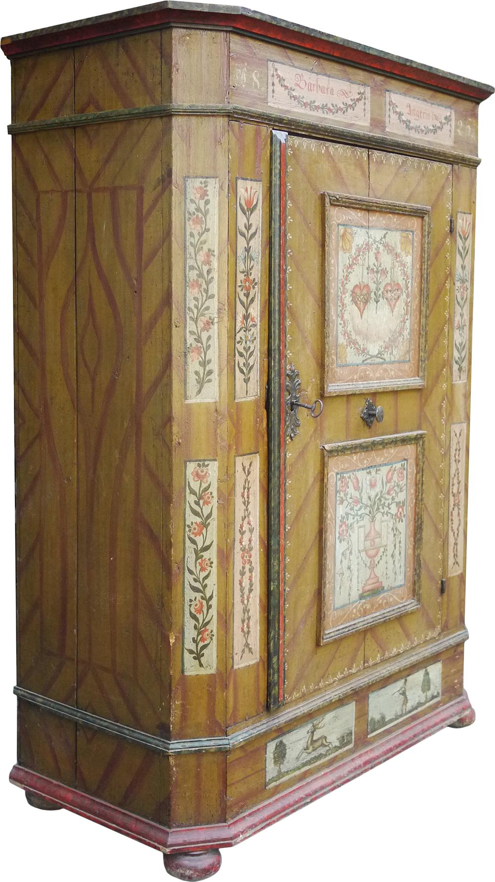 Two doors painted wardrobe

Measures: H.173cm – L.117cm (126 alle cornici) – P.54cm (58 alle cornici)
H. 68 in - W. 46 in (49.5 to the frames) - D. 21 in (23 to the frames)

Tyrolean painted wardrobe with one door, ocher / brown, with fake wood