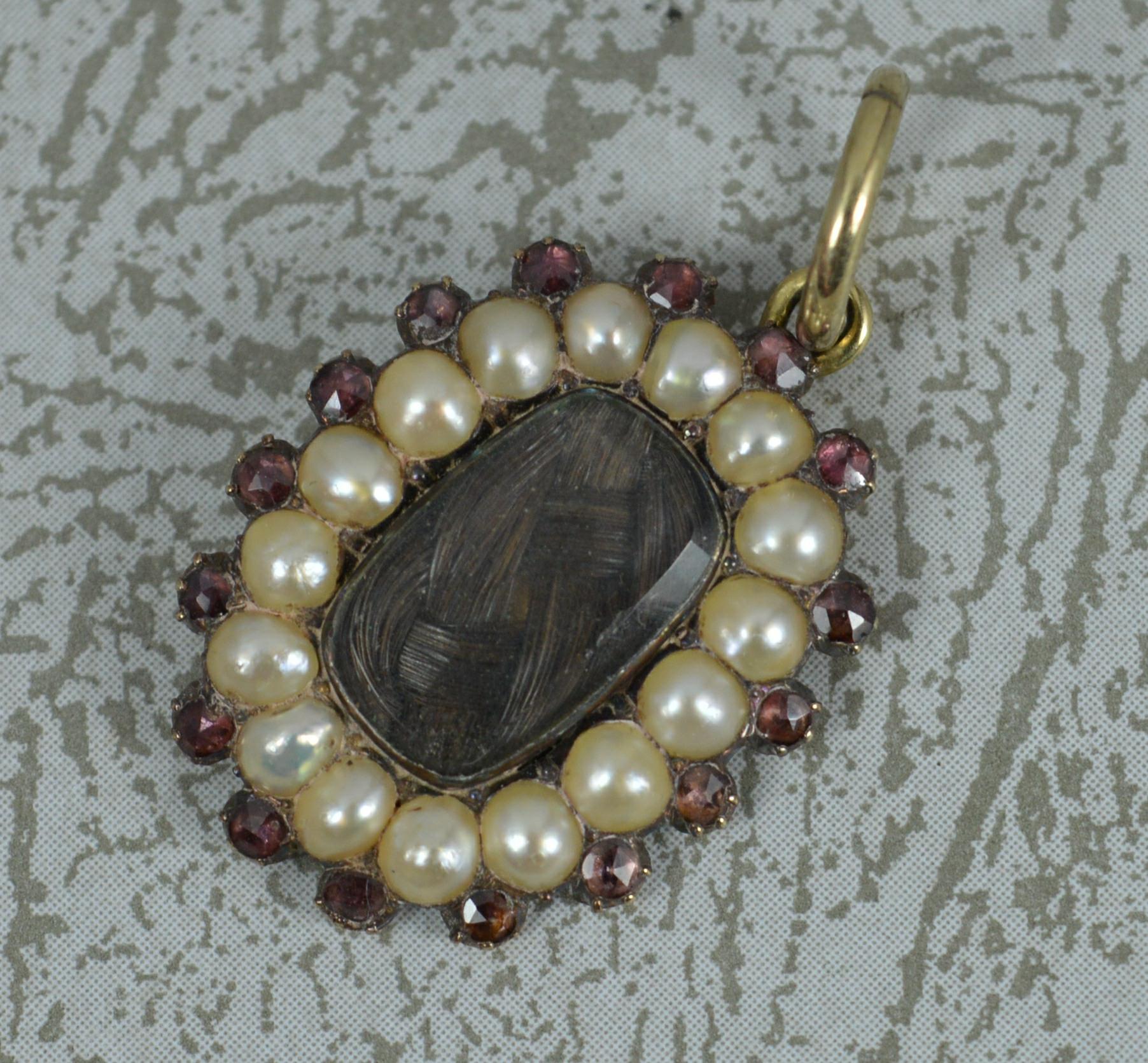 Round Cut 1826 Georgian 15 Carat Gold Pearl and Garnet Mourning Pendant