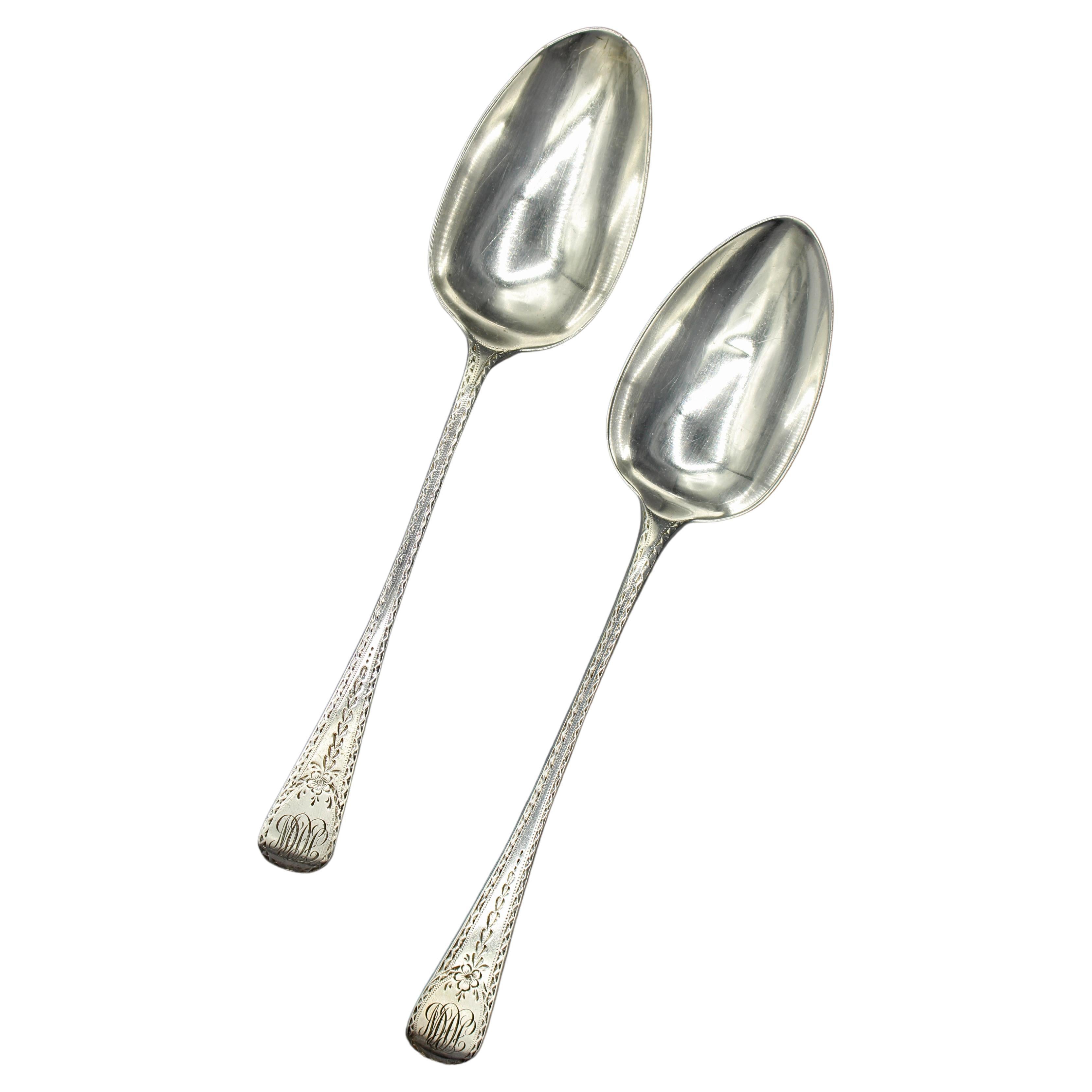 1826 Sterling Silver Near Pair of Engraved Old English Serving Spoons For Sale