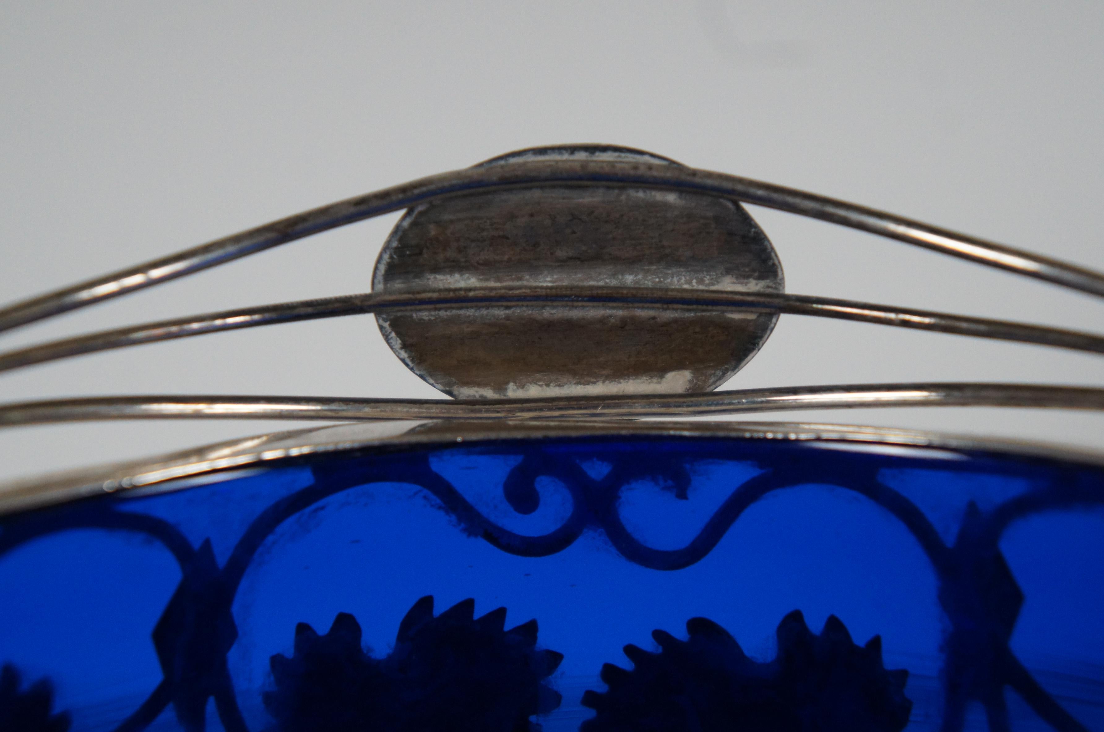 1828 Antique European Sterling Silver 925 Cobalt Glass Candy Sugar Bowl Basket For Sale 4