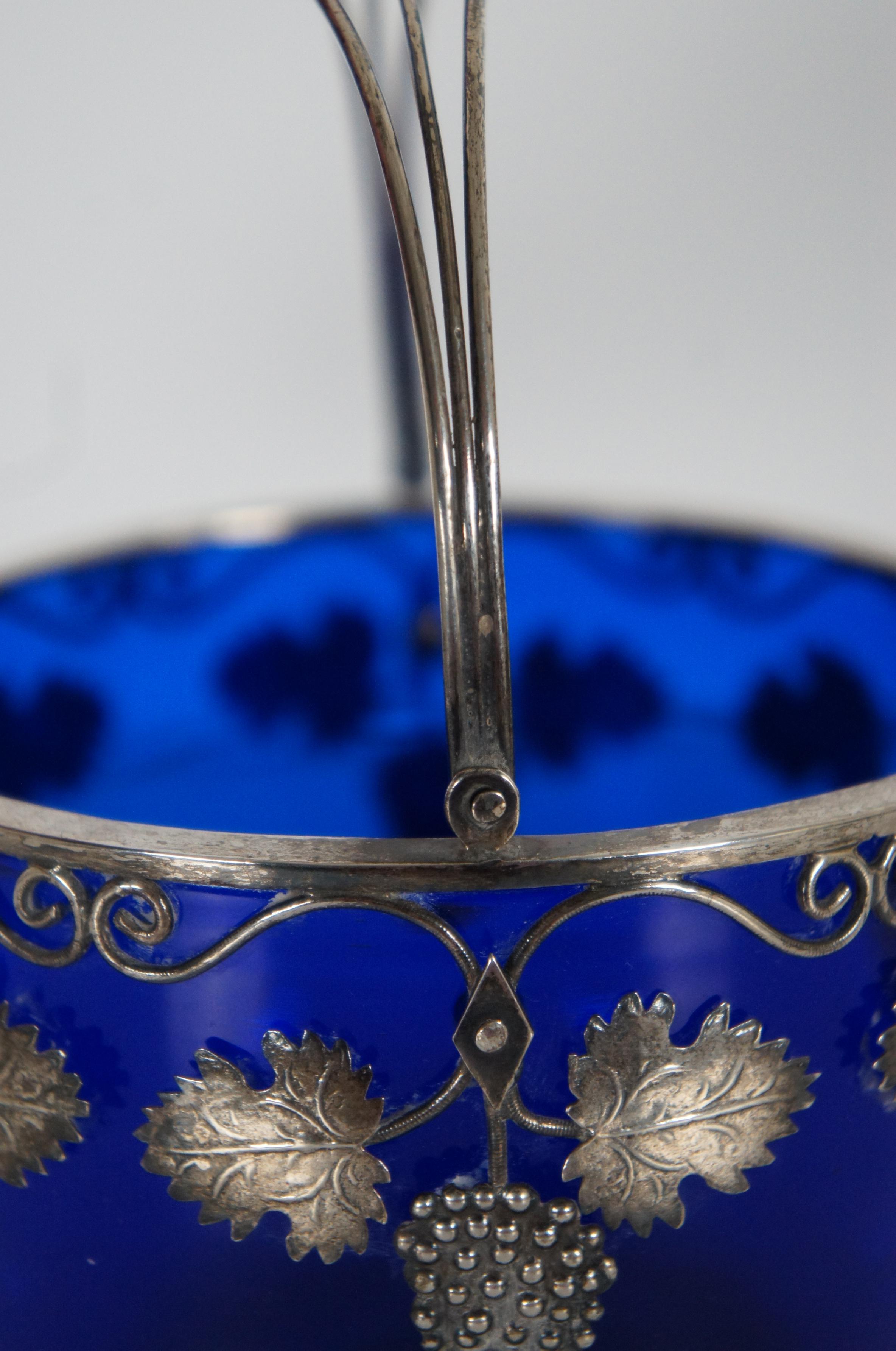 1828 Antique European Sterling Silver 925 Cobalt Glass Candy Sugar Bowl Basket In Good Condition For Sale In Dayton, OH