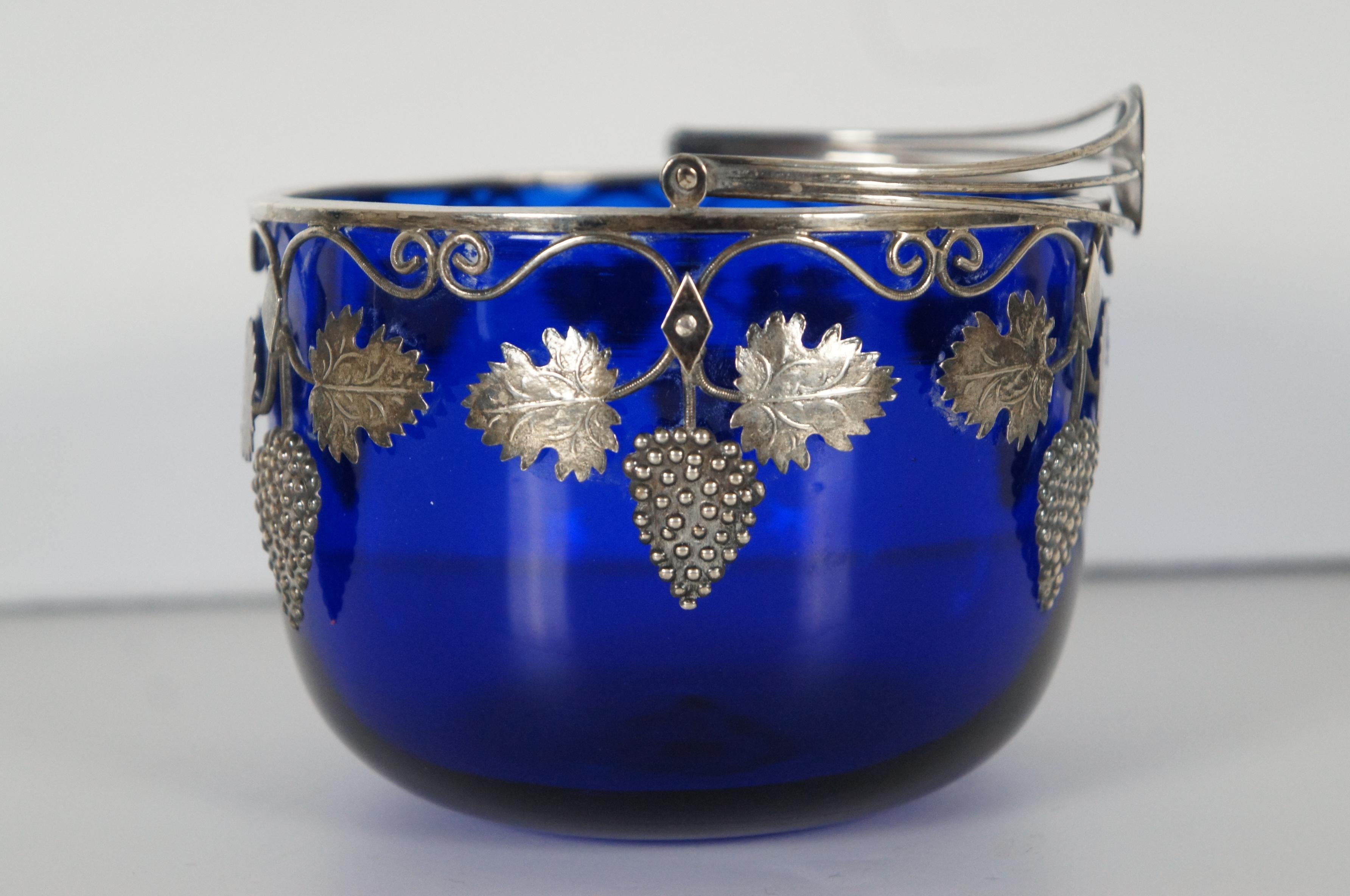 Early 19th Century 1828 Antique European Sterling Silver 925 Cobalt Glass Candy Sugar Bowl Basket For Sale