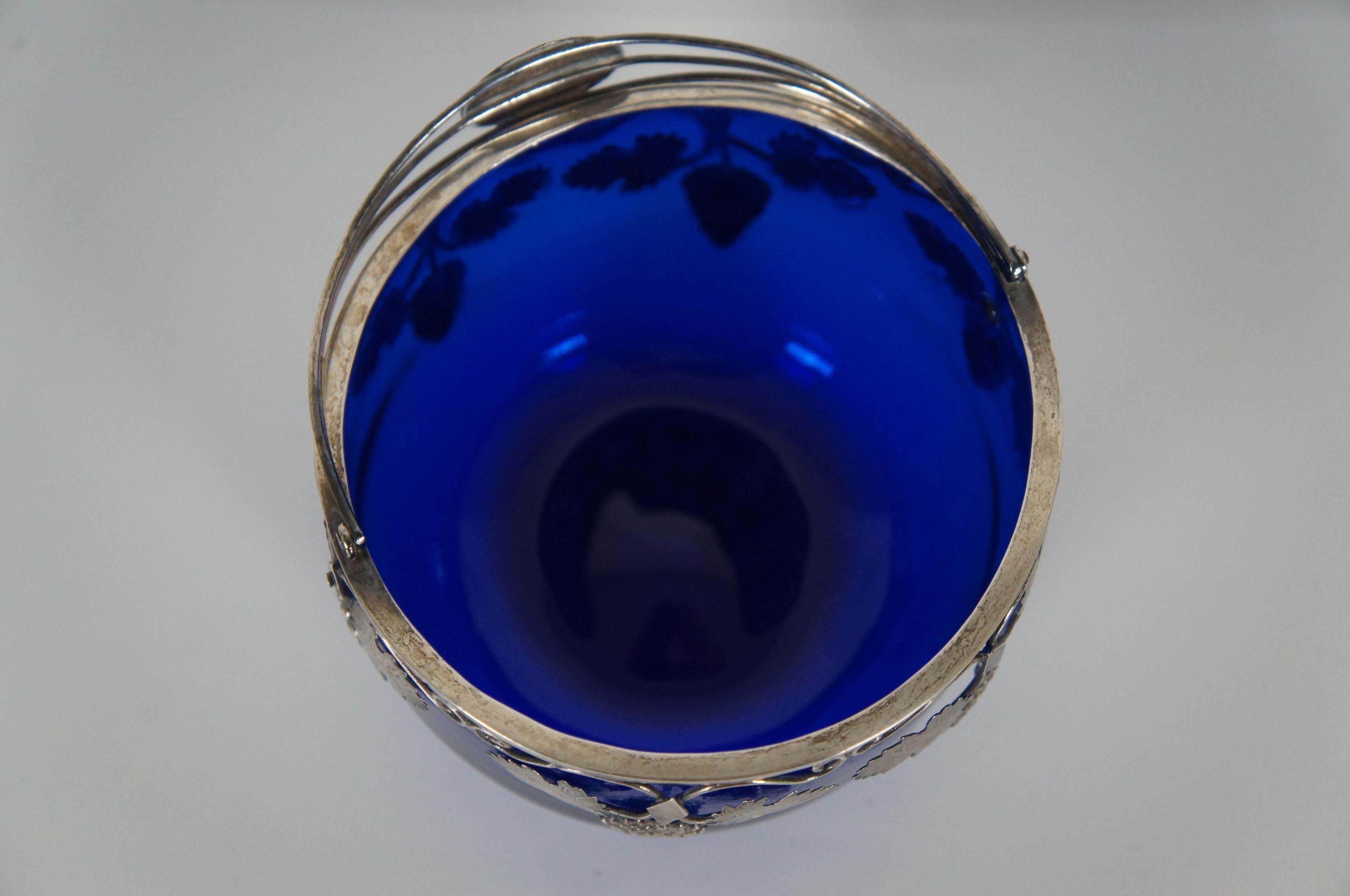 1828 Antique European Sterling Silver 925 Cobalt Glass Candy Sugar Bowl Basket For Sale 2
