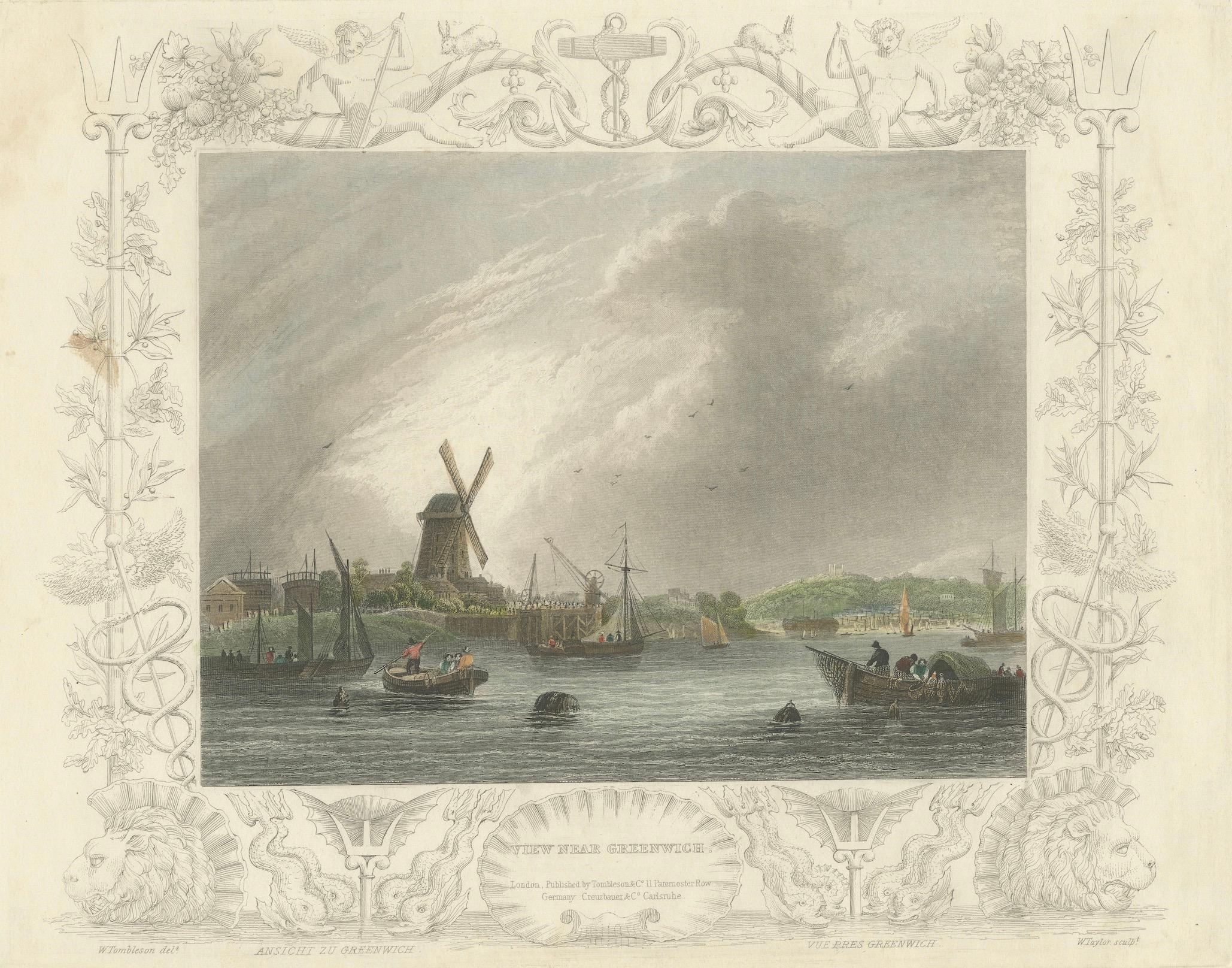 Aquatinte de 1828 de Greenwich avec moulin à vent emblématique en vente 4