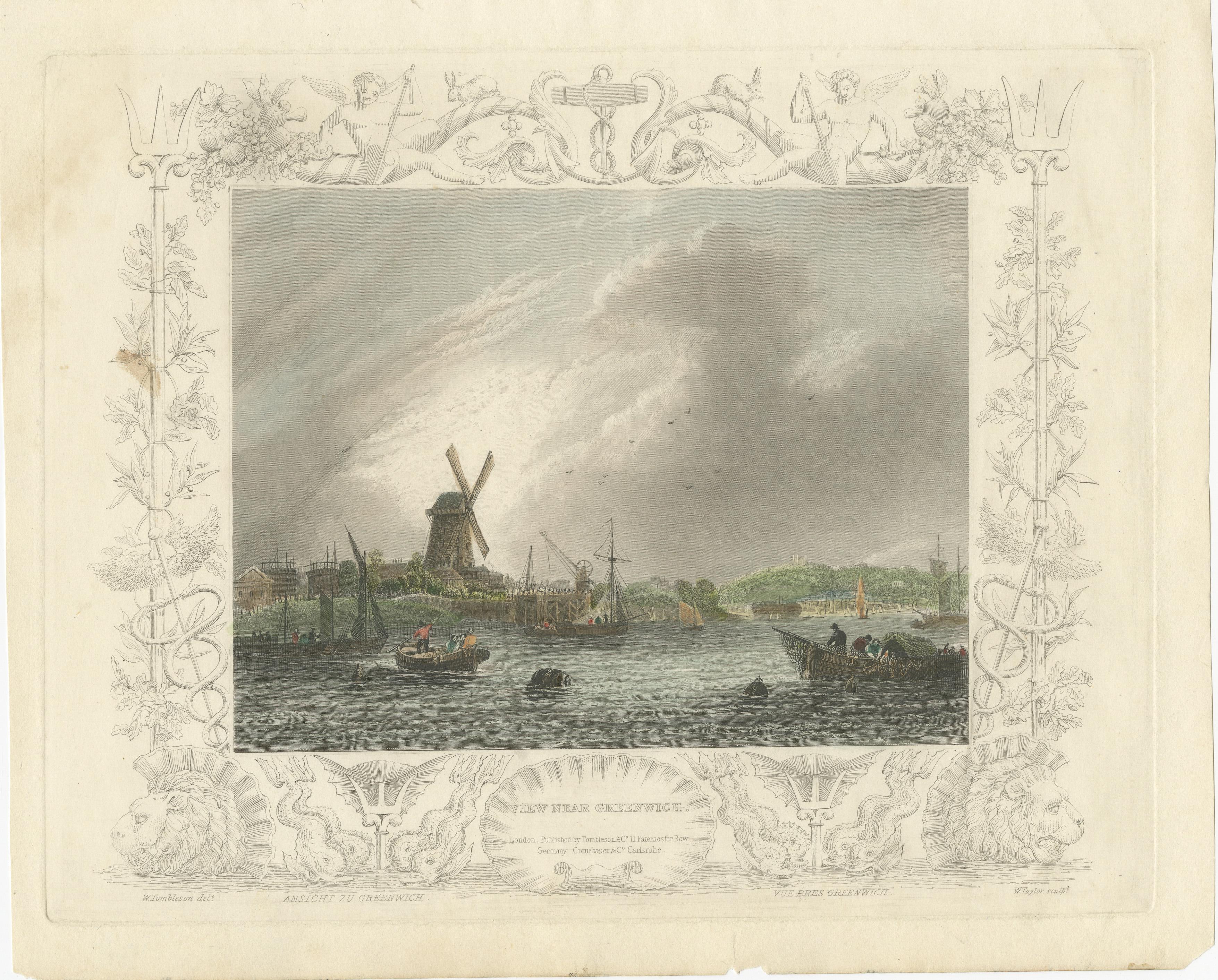 Aquatinte de 1828 de Greenwich avec moulin à vent emblématique en vente 5