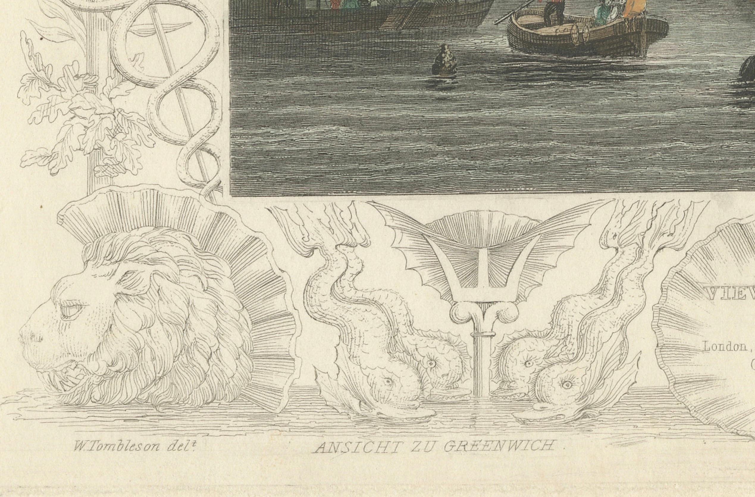 Titre : Panorama en aquatinte de 1828 de Greenwich avec son moulin à vent emblématique

Description : Cette captivante gravure ancienne offre une vue étonnante de Greenwich, un quartier historique situé le long de la Tamise, tel qu'il apparaissait