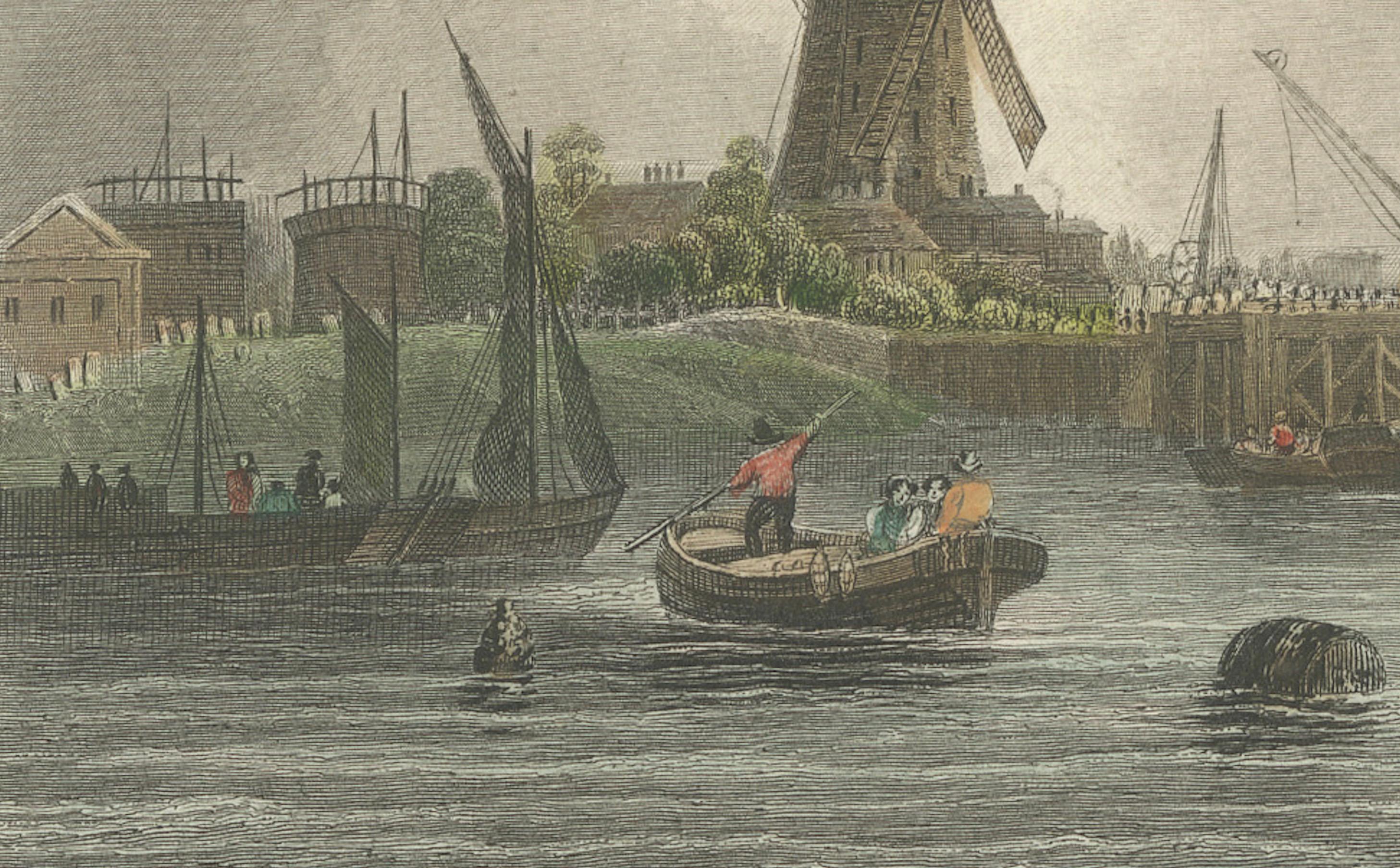 Aquatinte de 1828 de Greenwich avec moulin à vent emblématique en vente 1