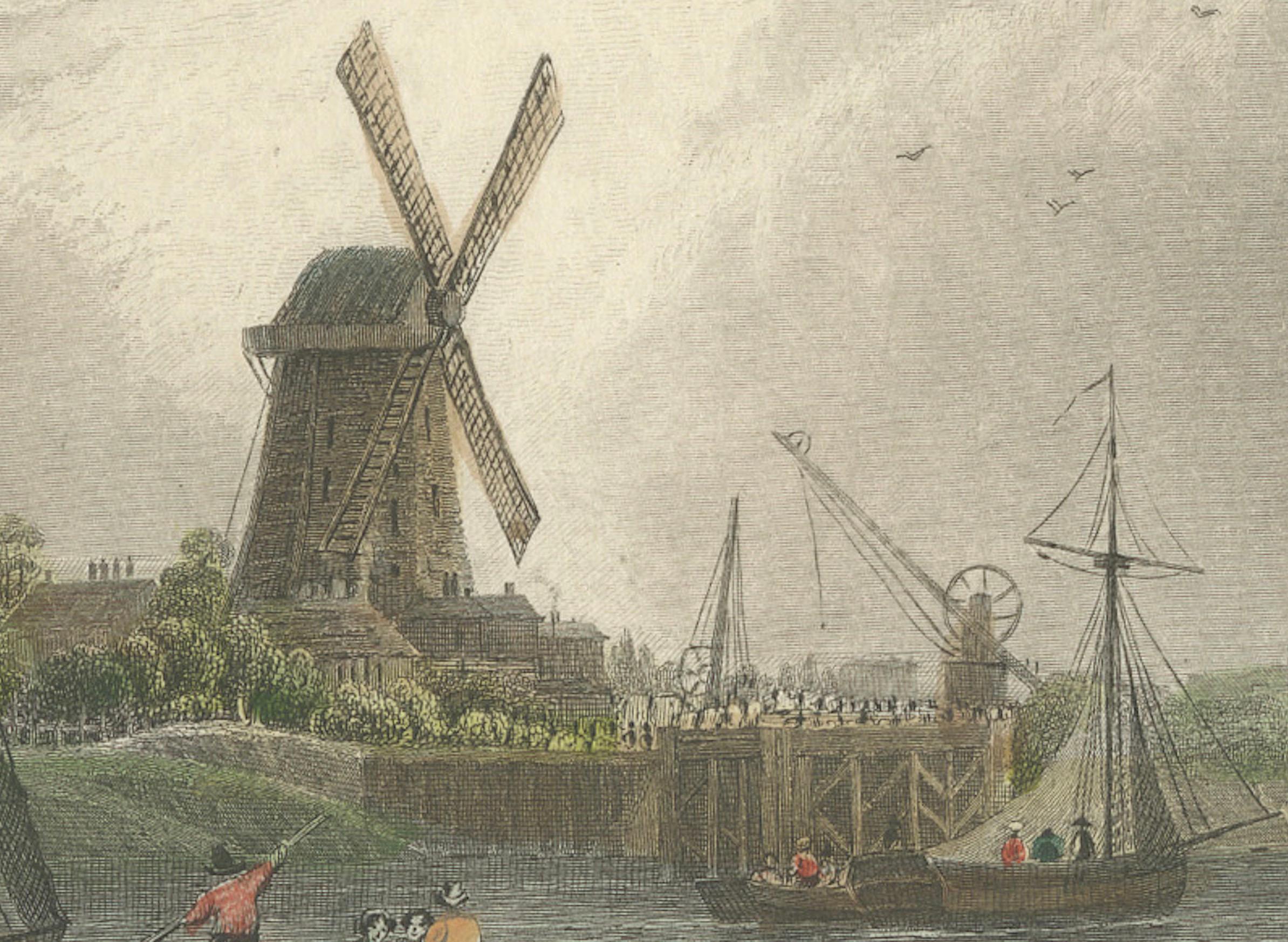 Aquatinte de 1828 de Greenwich avec moulin à vent emblématique en vente 2