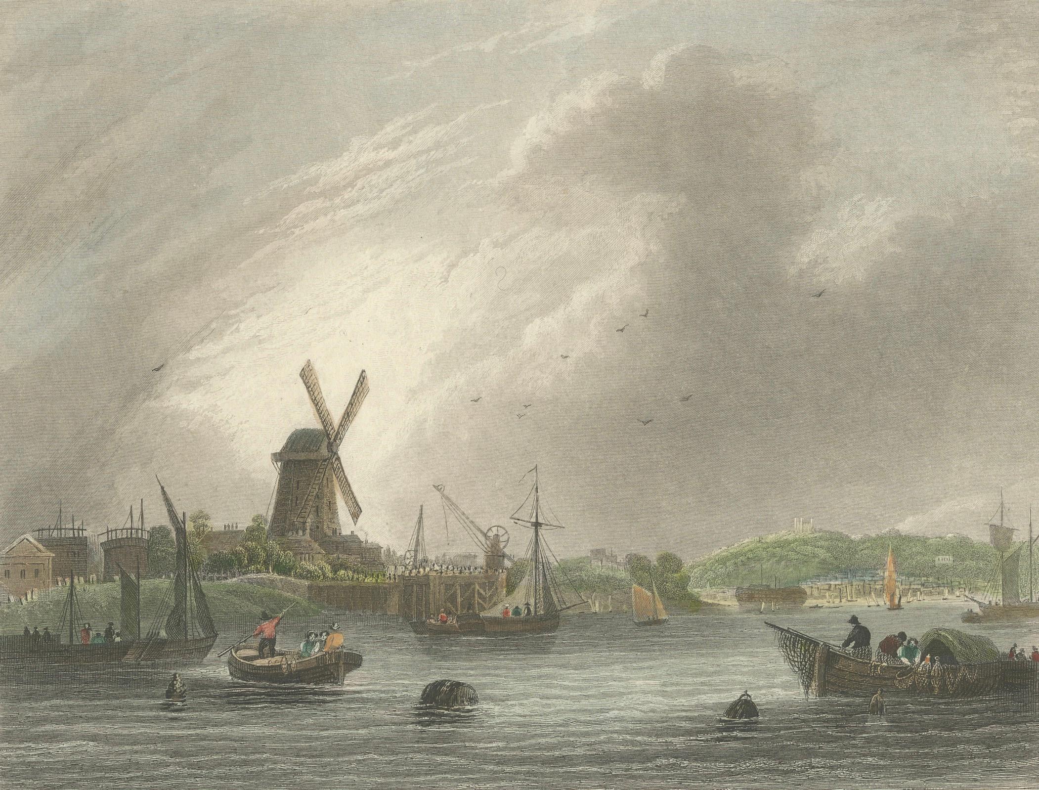 Aquatinte de 1828 de Greenwich avec moulin à vent emblématique en vente 3
