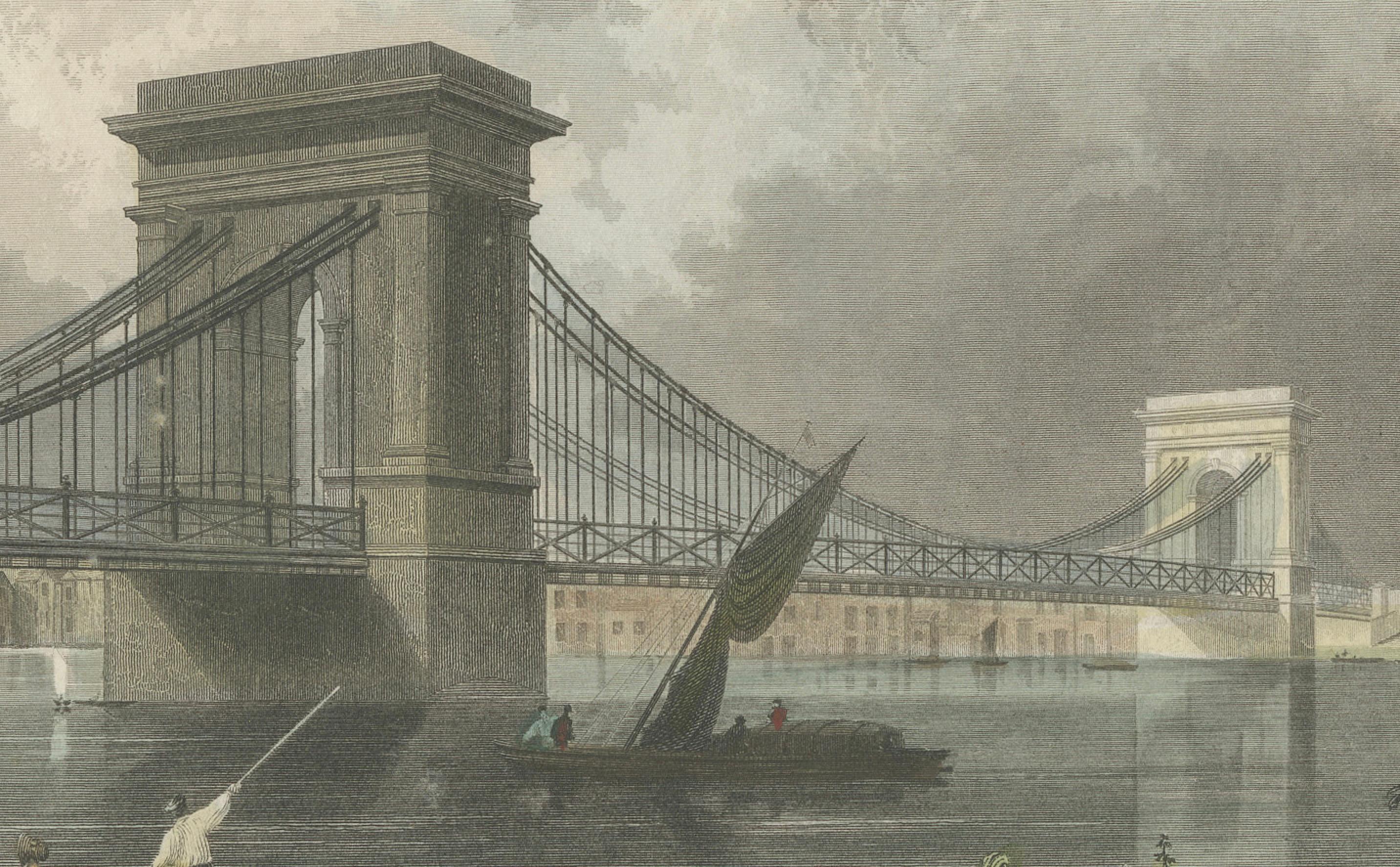 Titel: 1828 Aquatinta-Blick auf die Hammersmith Bridge über die Themse

Beschreibung: Dieser exquisite antike Druck zeigt die ikonische Hammersmith Bridge, eine Hängebrücke über die Themse in London, in einem Moment historischer Gelassenheit.
