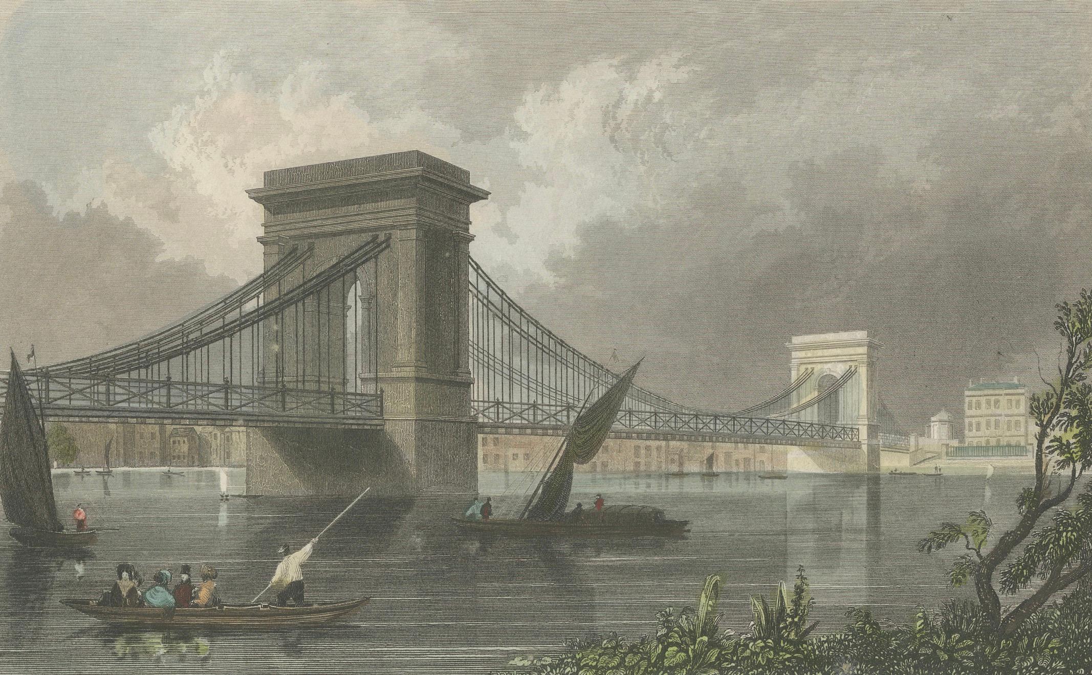 Aquatinta Vista der Hammersmith Bridge Over the Thames von 1828 (Frühes 19. Jahrhundert) im Angebot