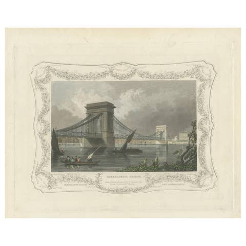 1828 Aquatint Vista of Hammersmith Bridge Over the Thames