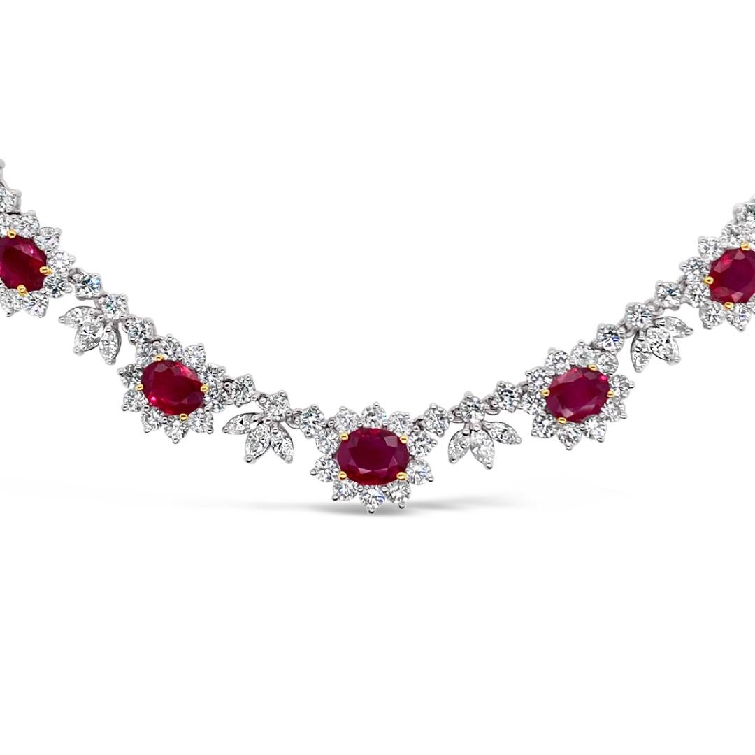 18.28 Carat (total weight) Oval Cut Ruby and 20.16 Carat (total weight) Marquise Cut and Round Brilliant Cut Diamond Necklace set in Platinum.  Diamonds range from Color G-H-I and Clarity VS1-2.  Rubies are set in 18K Yellow Gold.  Diamond set