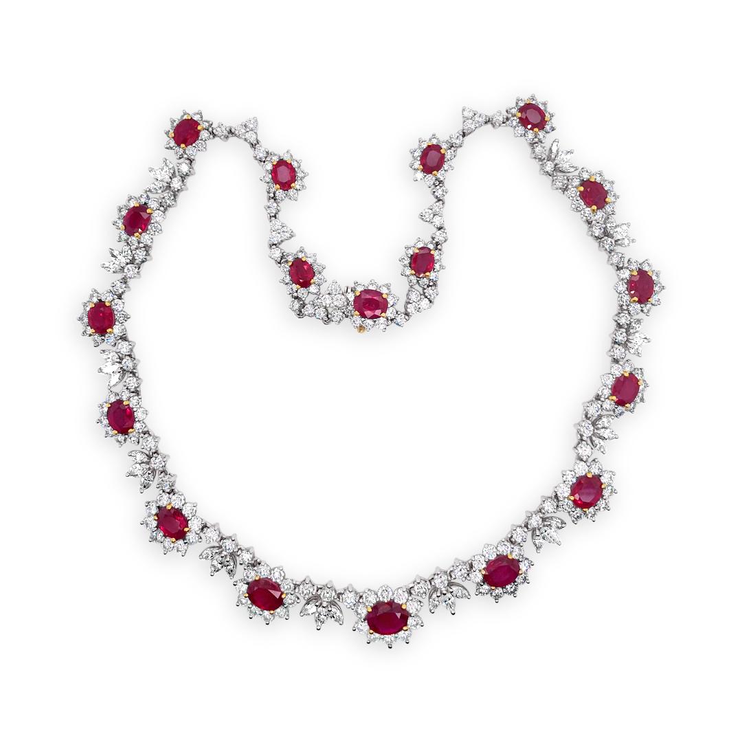 Oval Cut 18.28 Carat 'total weight' Oval Ruby and Diamond Necklace in Platinum For Sale