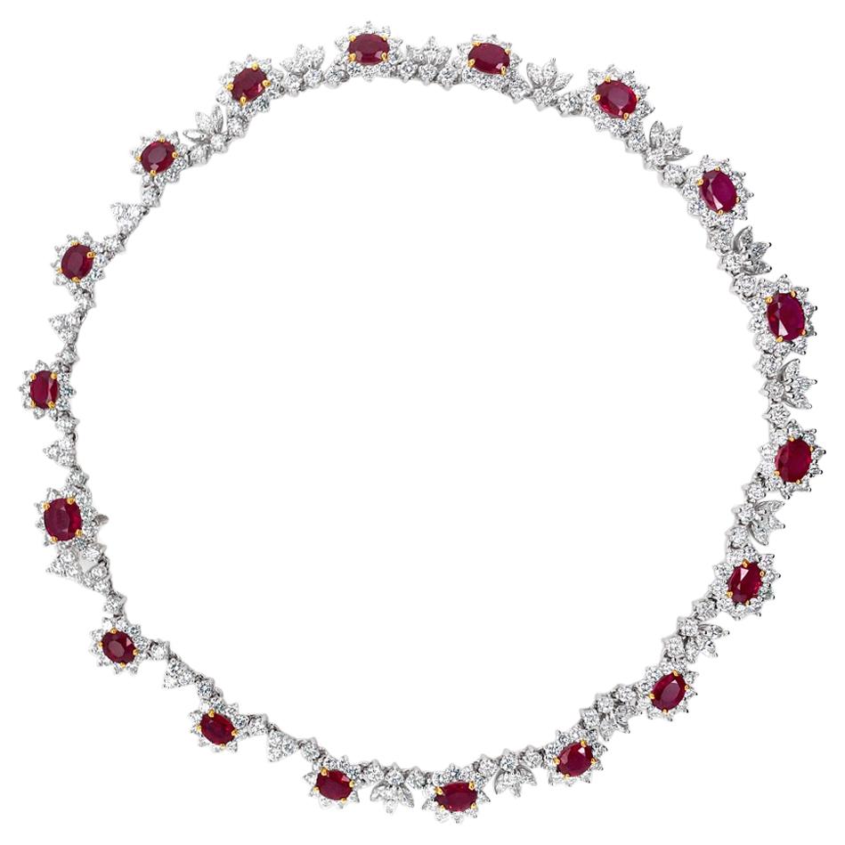 18.28 Carat 'total weight' Oval Ruby and Diamond Necklace in Platinum For Sale