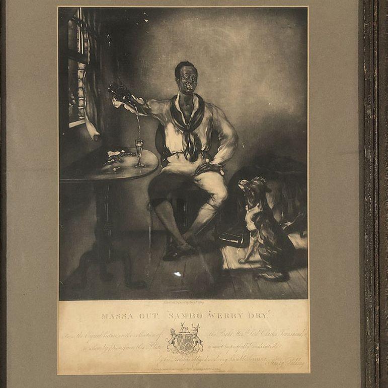Grabado al aguafuerte de época georgiana tardía del artista inglés Henry Pidding titulado Massa Out 