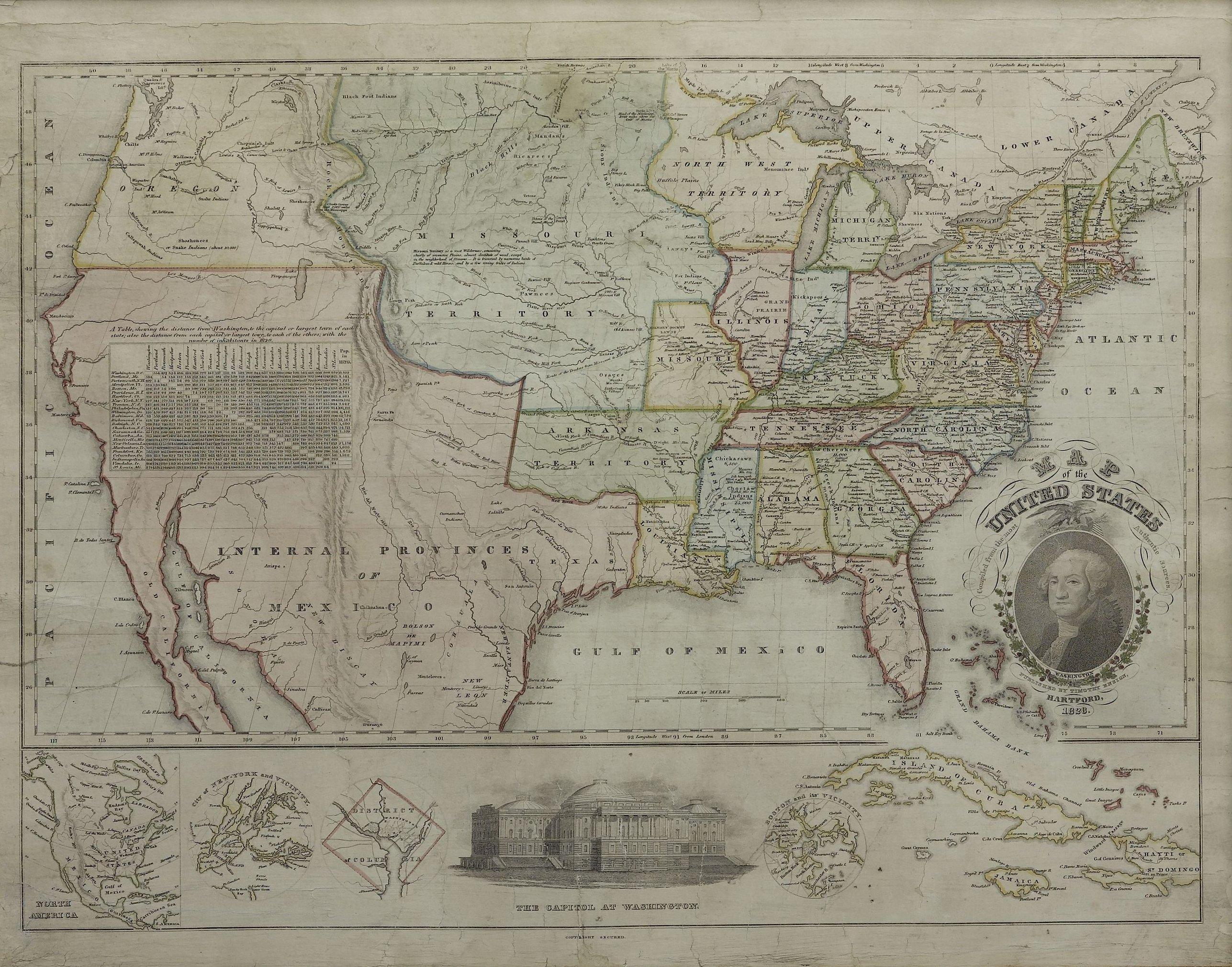 Presented is Timothy Ensign’s “Map of the United States,” published in 1828. The map is one of the first to show the United States stretching all the way to the Pacific Ocean. The map’s area covers Oregon to the Atlantic Ocean and Canada to Mexico.