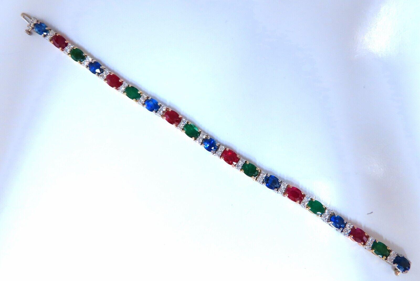 Gem Line.

 Natural Sapphires, Ruby, & Emeralds bracelet.

5.36ct Rubies

4.62ct Emeralds

6.30ct Sapphires

Ovals Cut, Clean Clarity & Transparent

Average 6 x 5mm

2.00ct Natural Diamonds:

Full round cuts, great sparkle.

G-color Vs-2