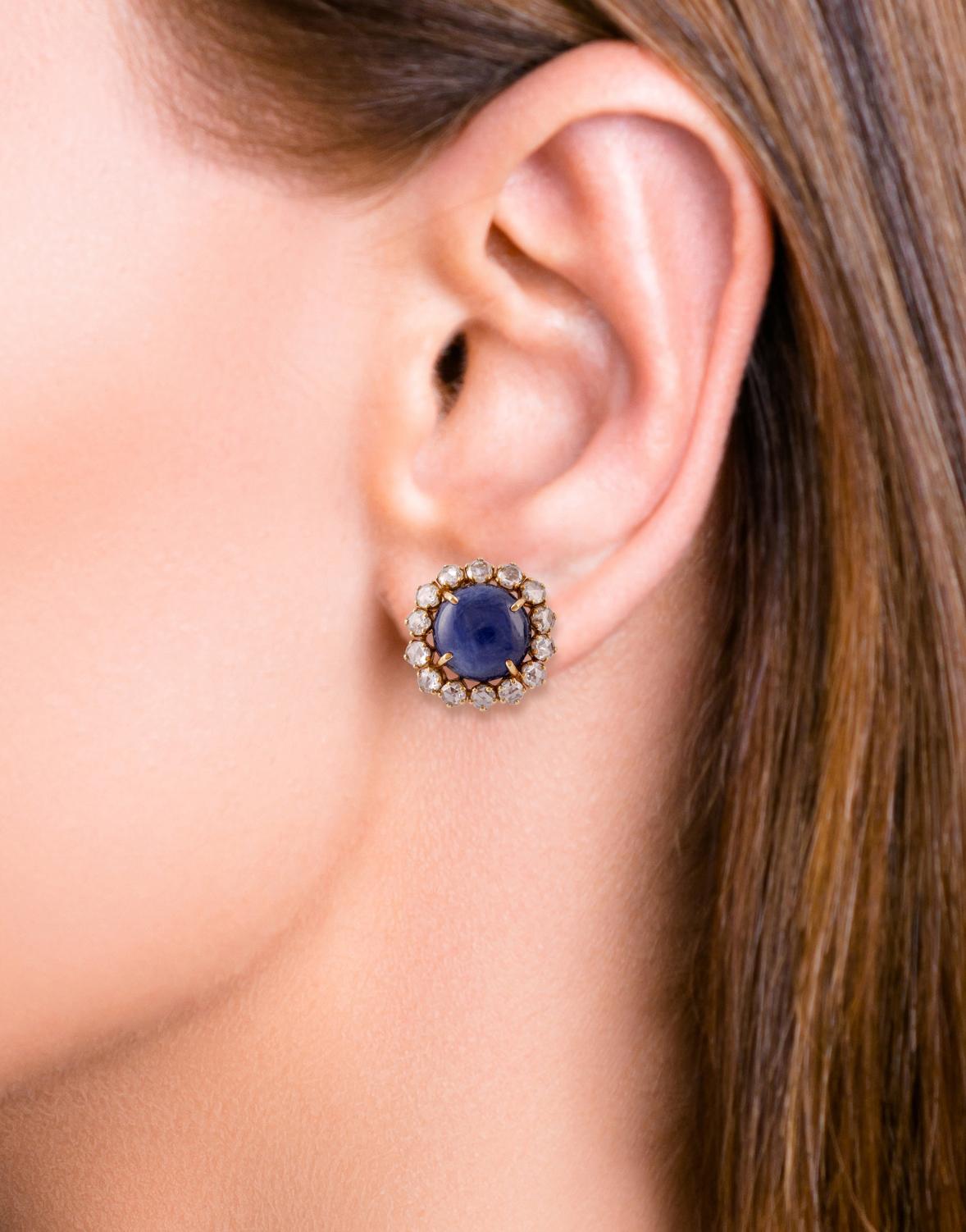 Cabochon 18.29 Carat Natural Sapphire & Diamond Cluster Earring in 18K gold For Sale