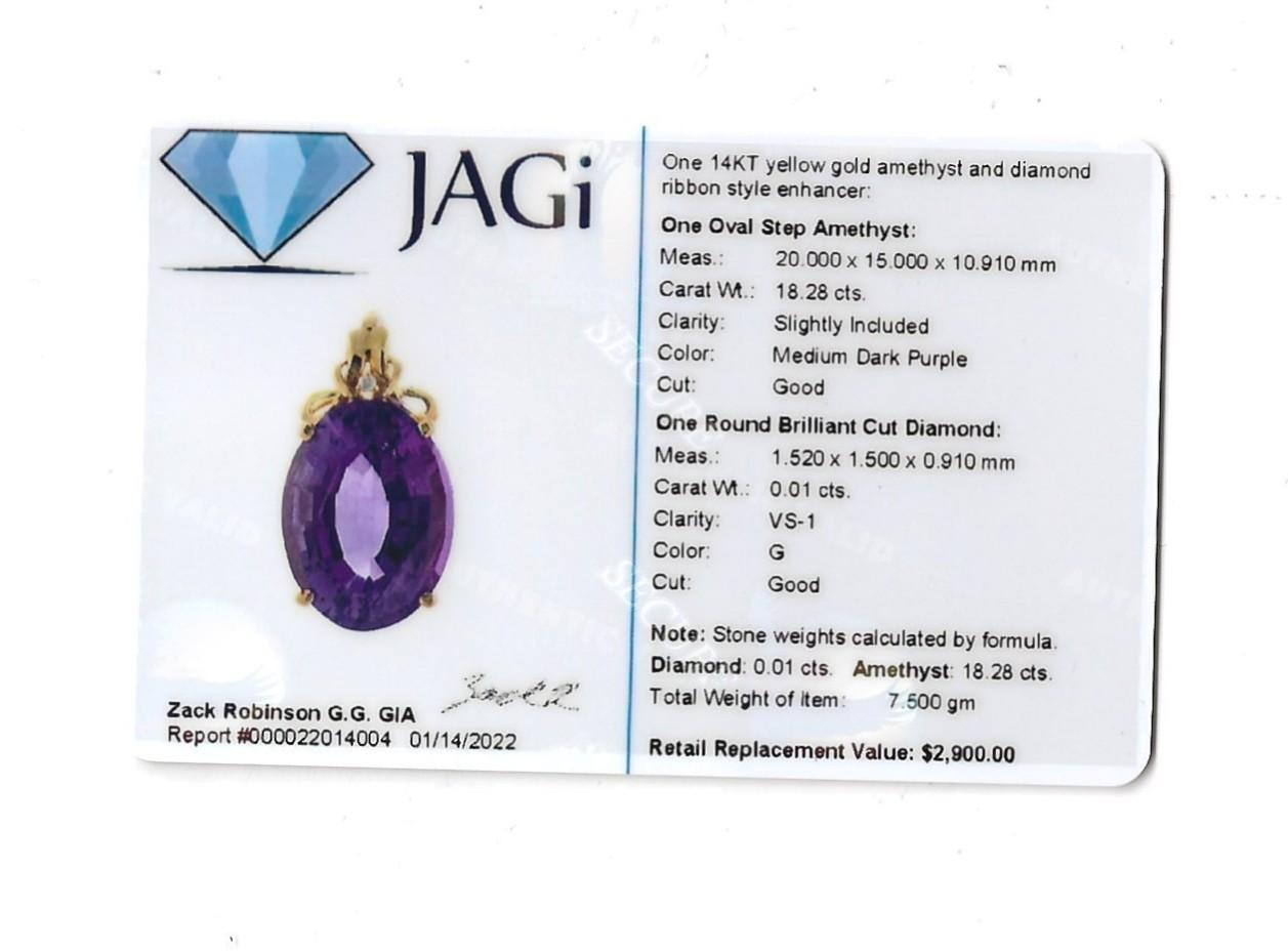 Pendentif en or jaune 14 carats avec améthyste ovale de 18,29 carats et diamants en vente 6