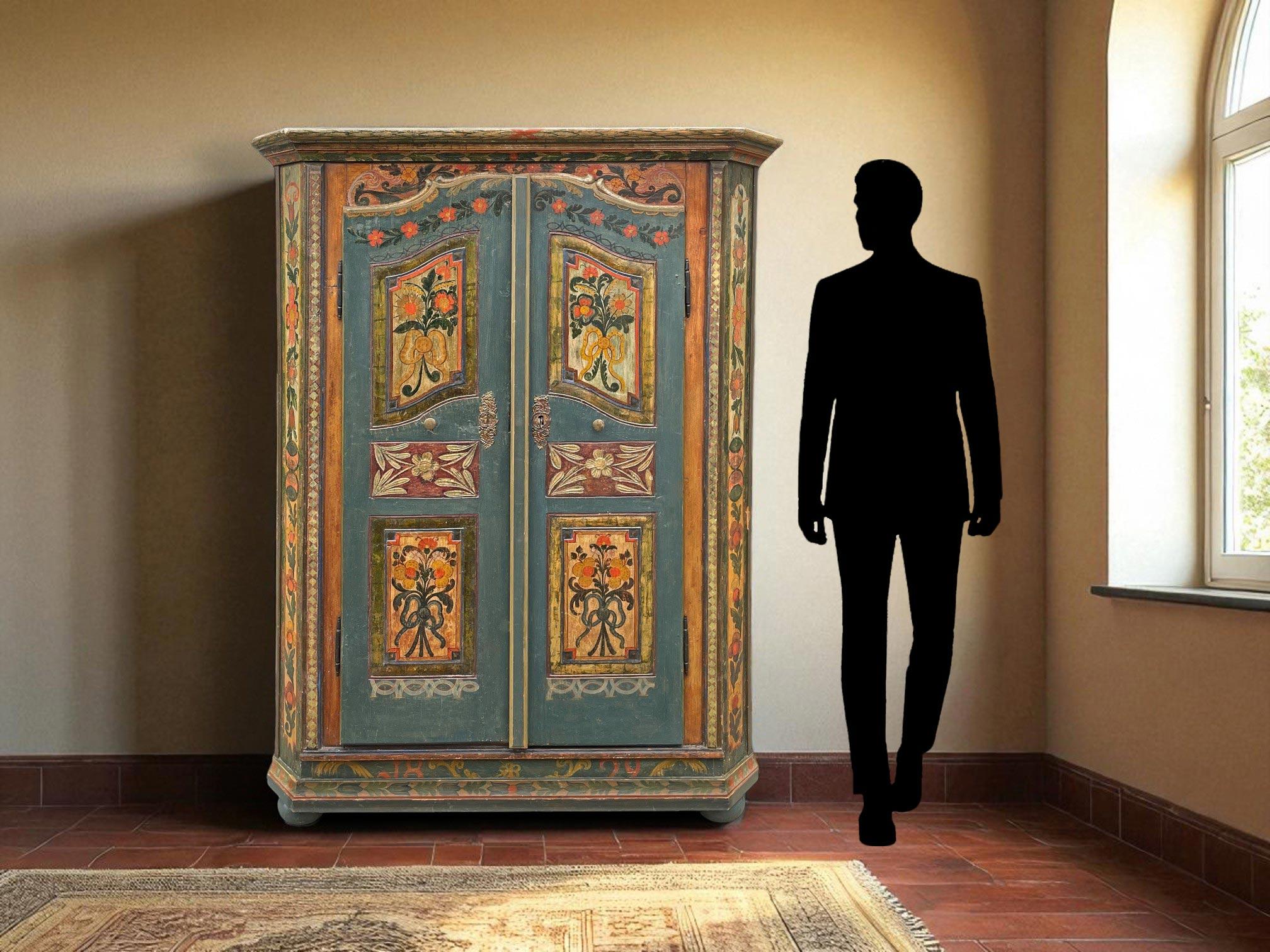 1829 Cupboard Painted in Blue Floral Cabinet - European Alps For Sale 12