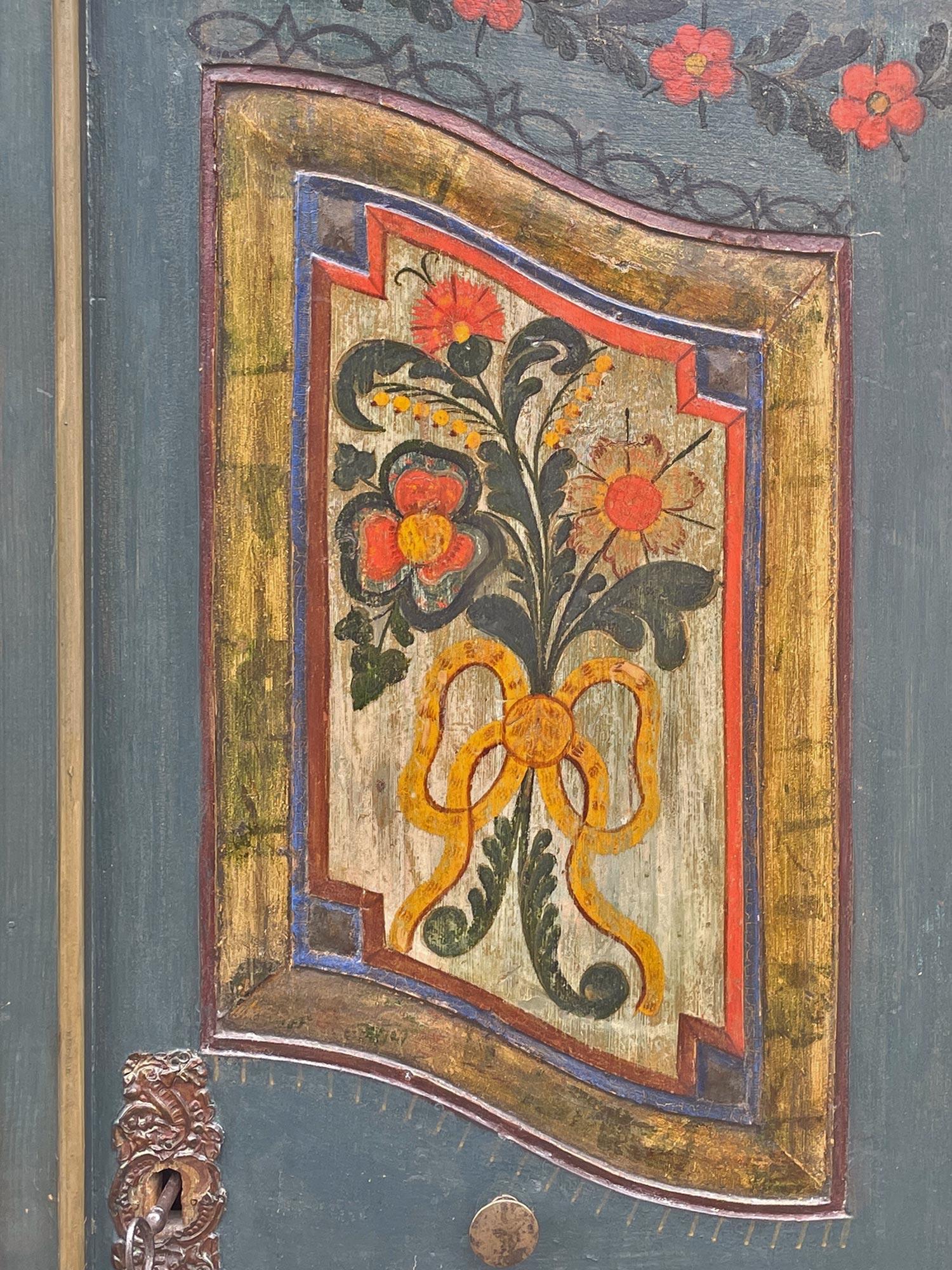 1829 Cupboard Painted in Blue Floral Cabinet - European Alps For Sale 13