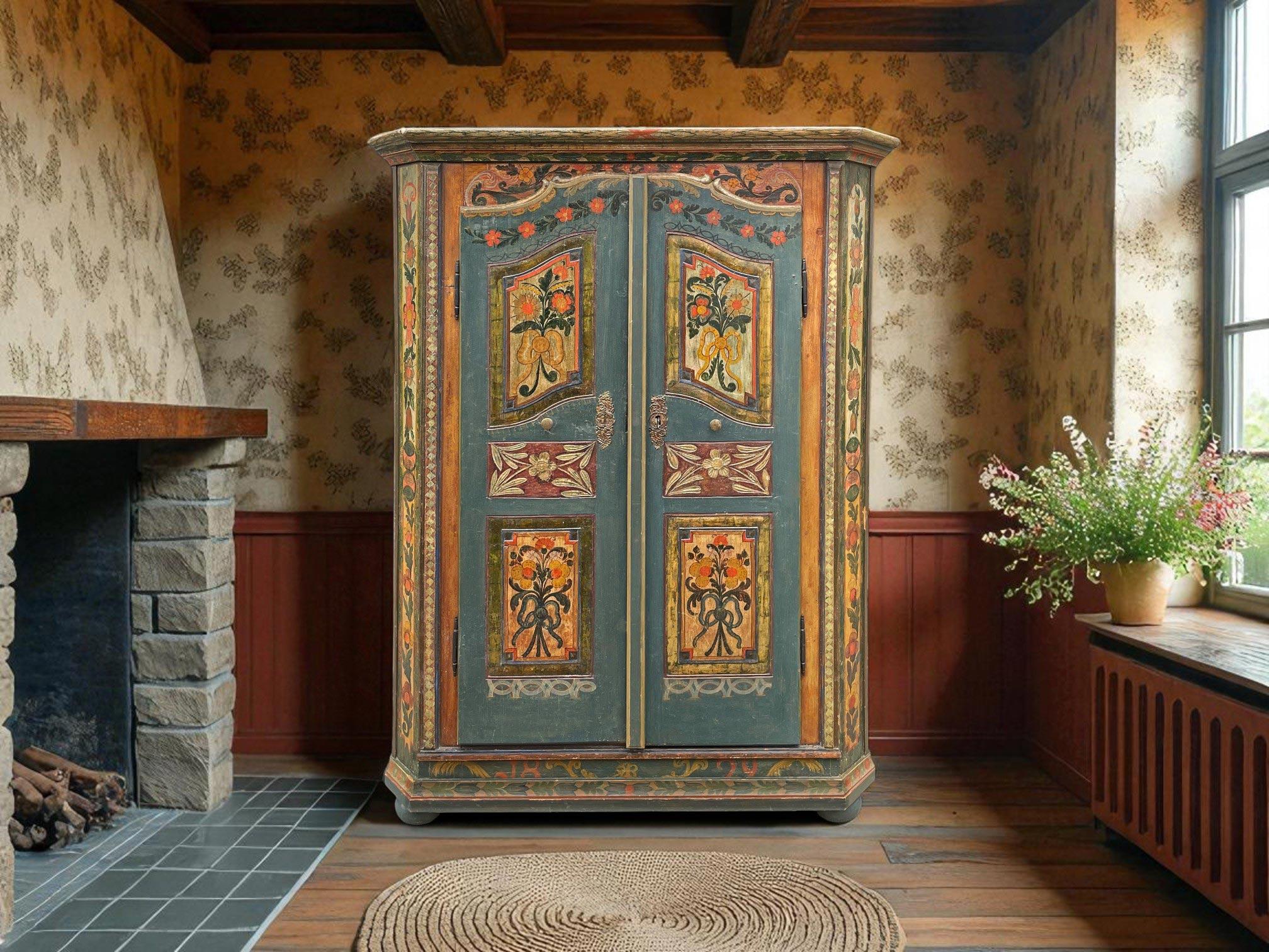 Other 1829 Cupboard Painted in Blue Floral Cabinet - European Alps For Sale
