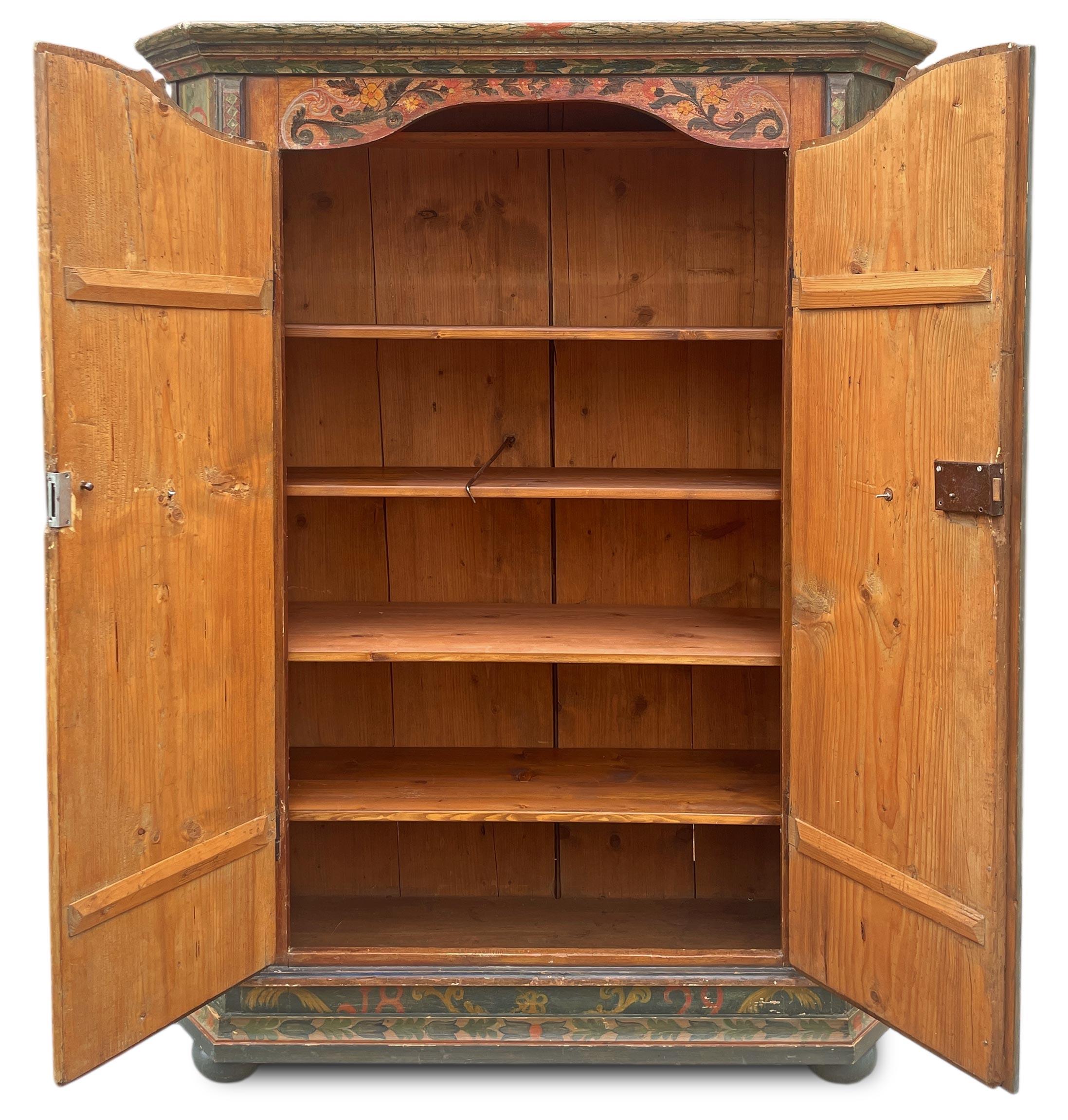 Austrian 1829 Cupboard Painted in Blue Floral Cabinet - European Alps For Sale