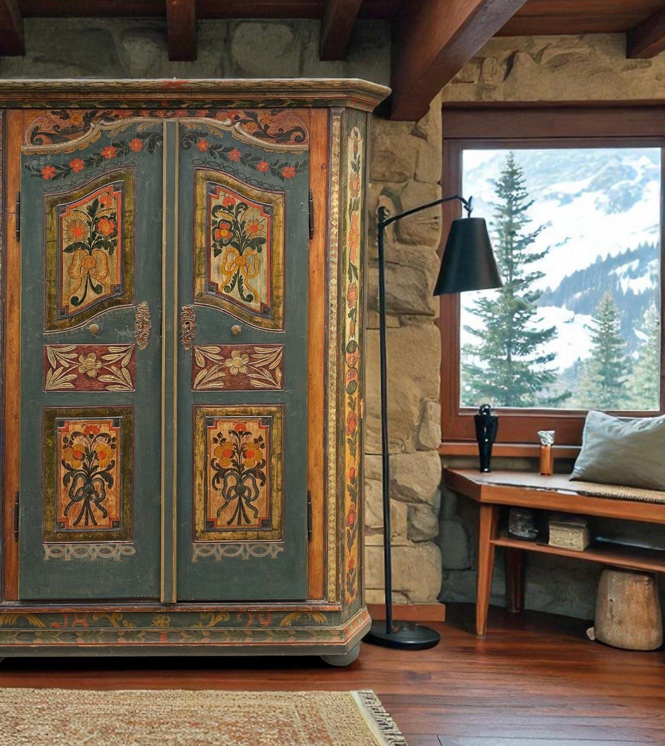 Early 19th Century 1829 Cupboard Painted in Blue Floral Cabinet - European Alps For Sale