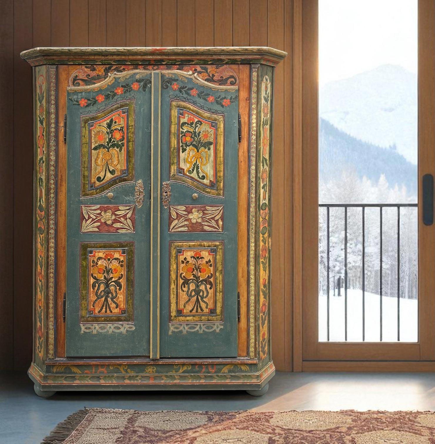 Fir 1829 Cupboard Painted in Blue Floral Cabinet - European Alps For Sale