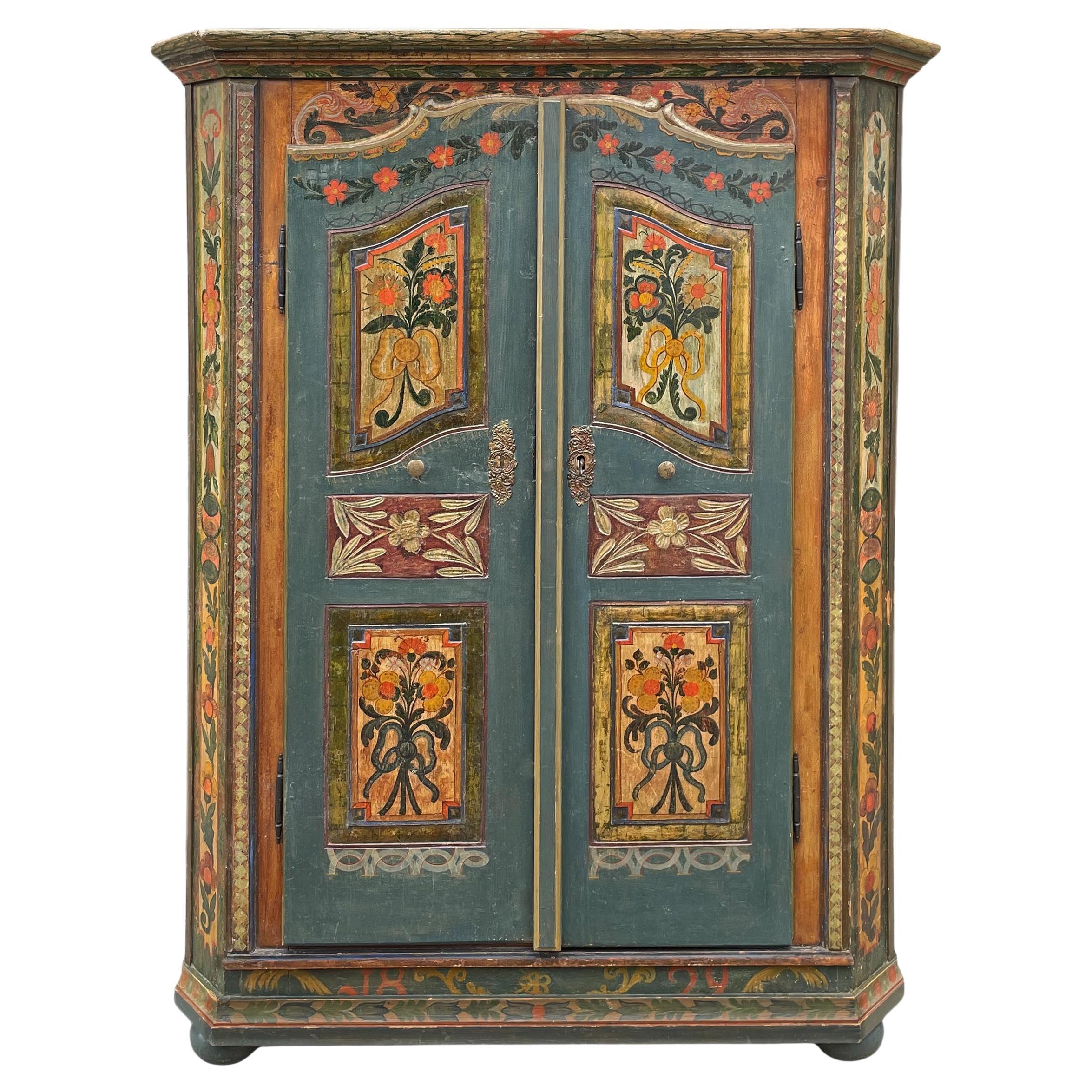 1829 Cupboard Painted in Blue Floral Cabinet - European Alps For Sale