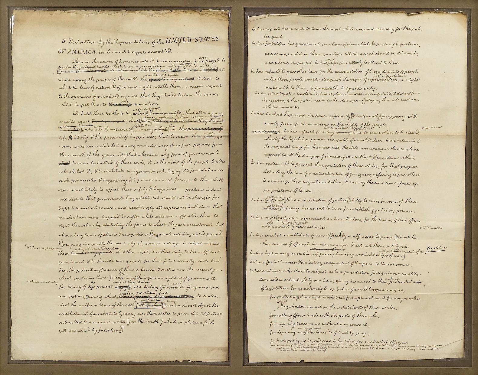 This historical and rare item celebrates one of the most influential writers, politicians, and American Revolutionary figures, Thomas Jefferson. The one-of-a-kind collage pairs a four-page facsimile steel-engraved draft of the Declaration of