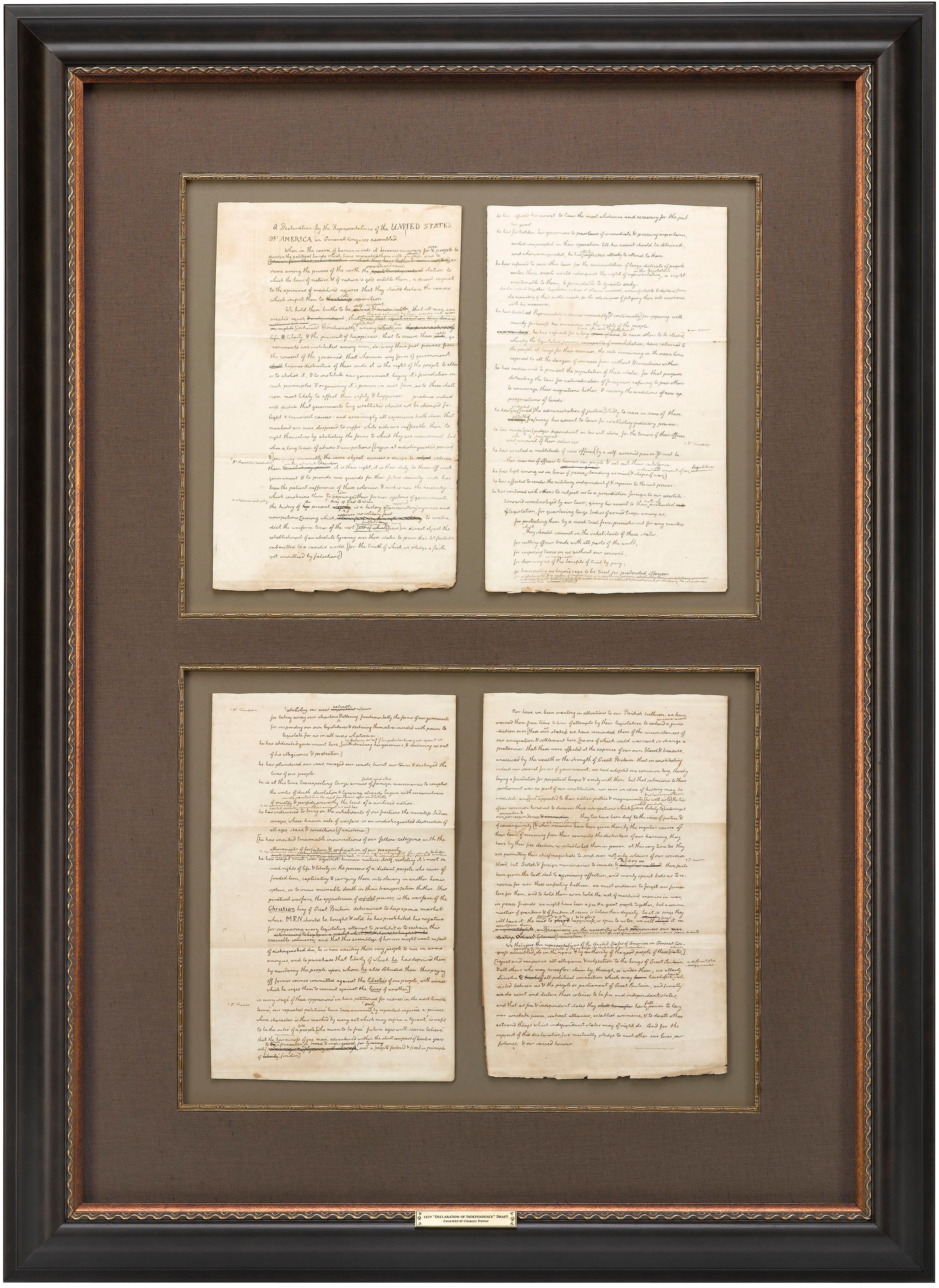 Cet objet historique et rare célèbre l'un des écrivains, hommes politiques et figures de la révolution américaine les plus influents, Thomas Jefferson. Steele présente un fac-similé de quatre pages gravées sur acier de la Déclaration d'indépendance,