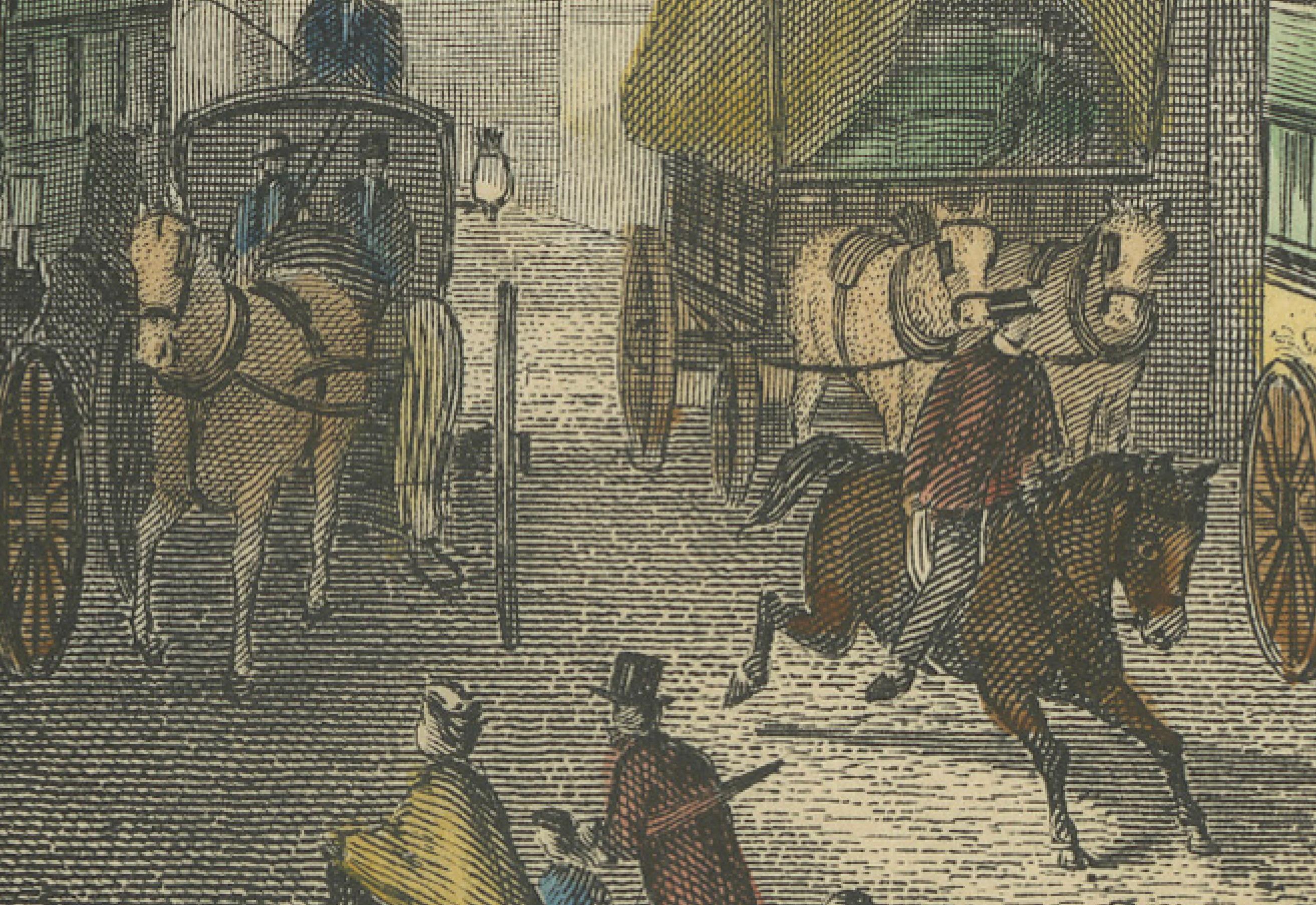 Engraved 1829 Etching of Temple Bar in Bustling Regency London For Sale