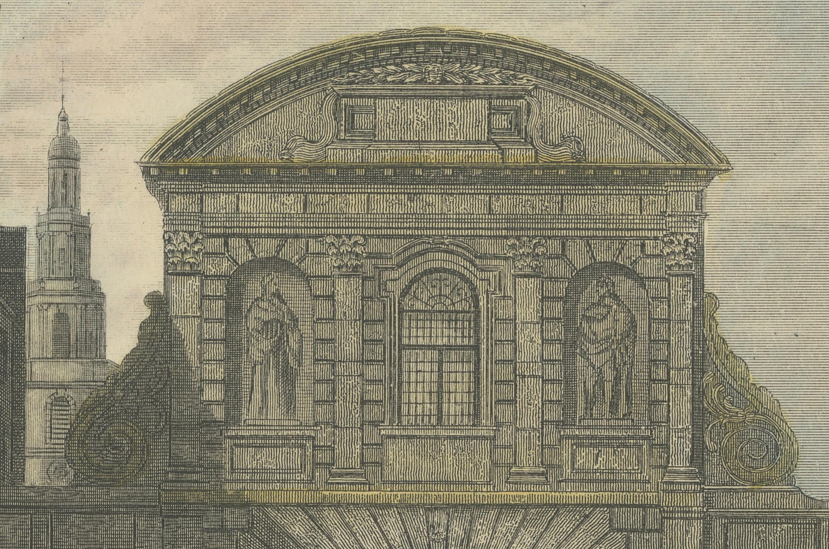 Paper 1829 Etching of Temple Bar in Bustling Regency London For Sale