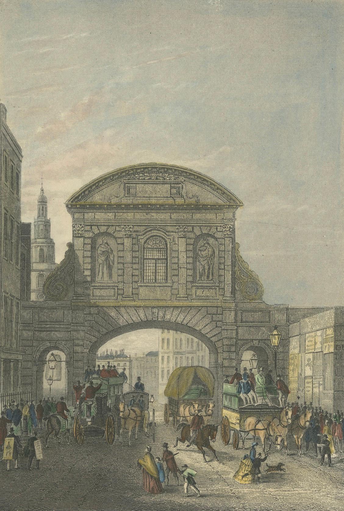 1829 Etching of Temple Bar in Bustling Regency London For Sale 1