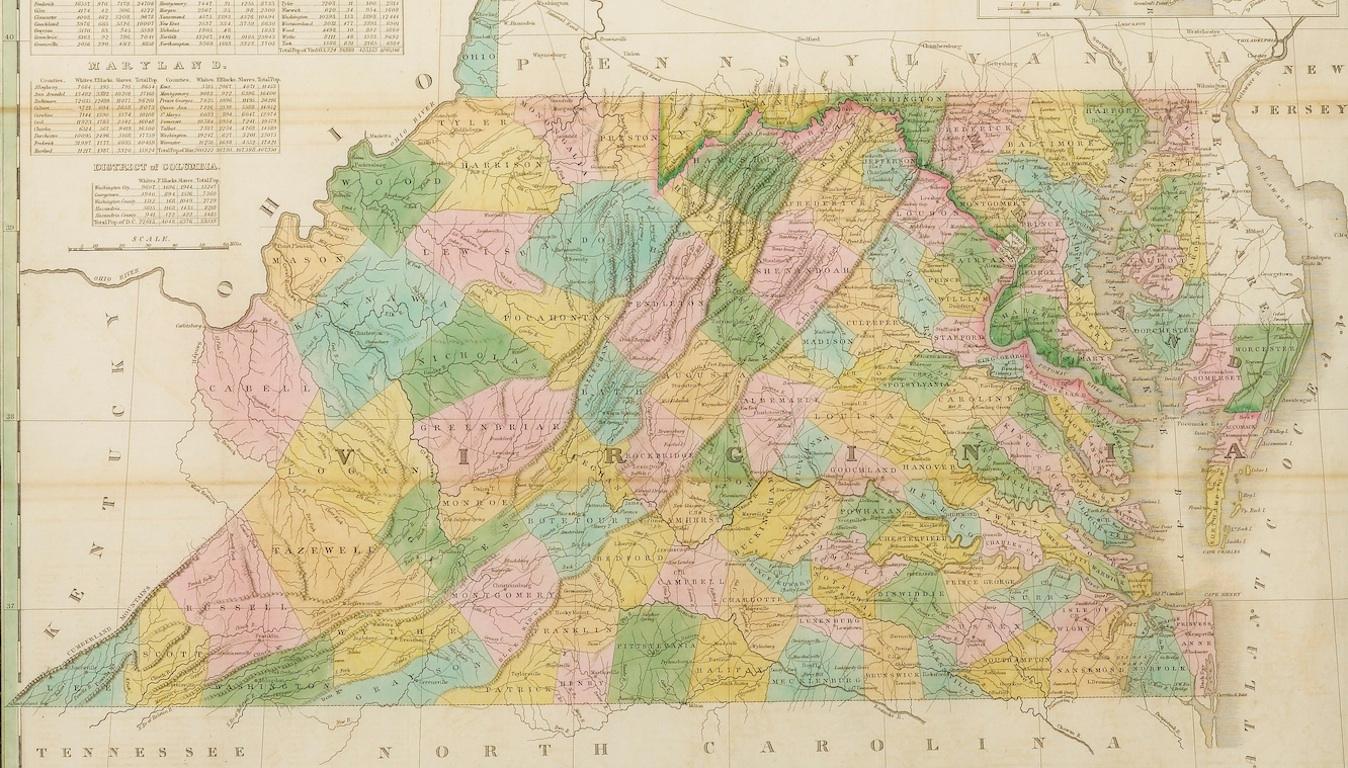 This intriguing hand-colored map shows the counties, County seats, roads, and rivers in both Maryland and Virginia from 1829. Originally drawn by D.H. Vance and engraved by J.H. Young, this map was published by A. Finley in Philadelphia. At the top