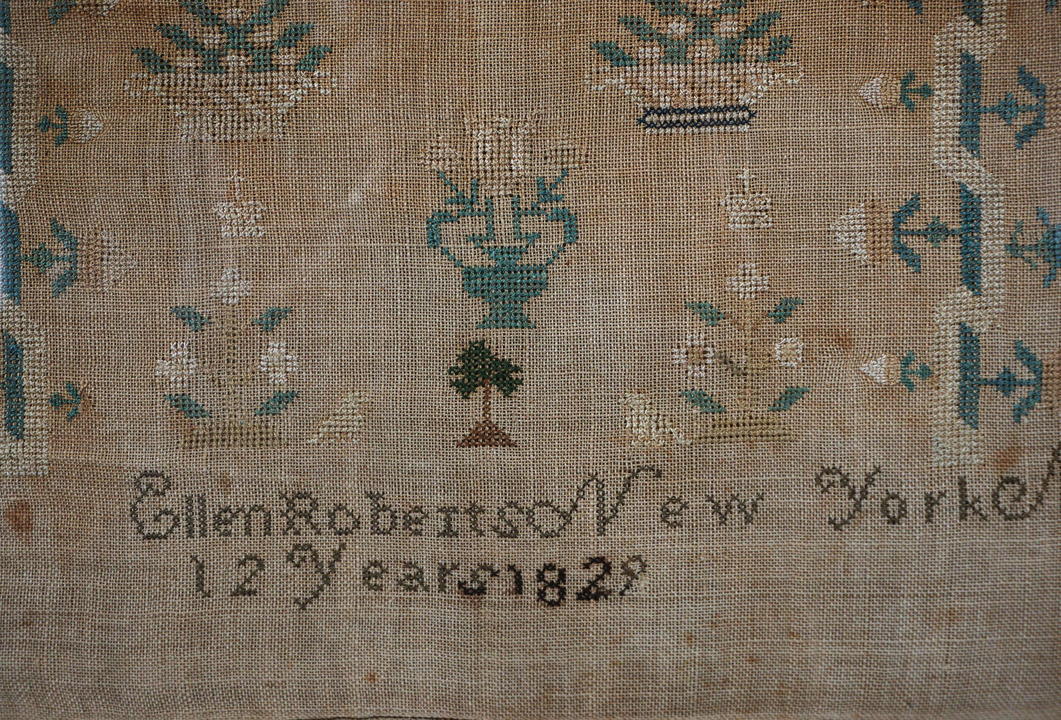 Folk Art 1829 Needlepoint Pictorial Sampler of Flowers and Quote by 12-year old Girl. For Sale