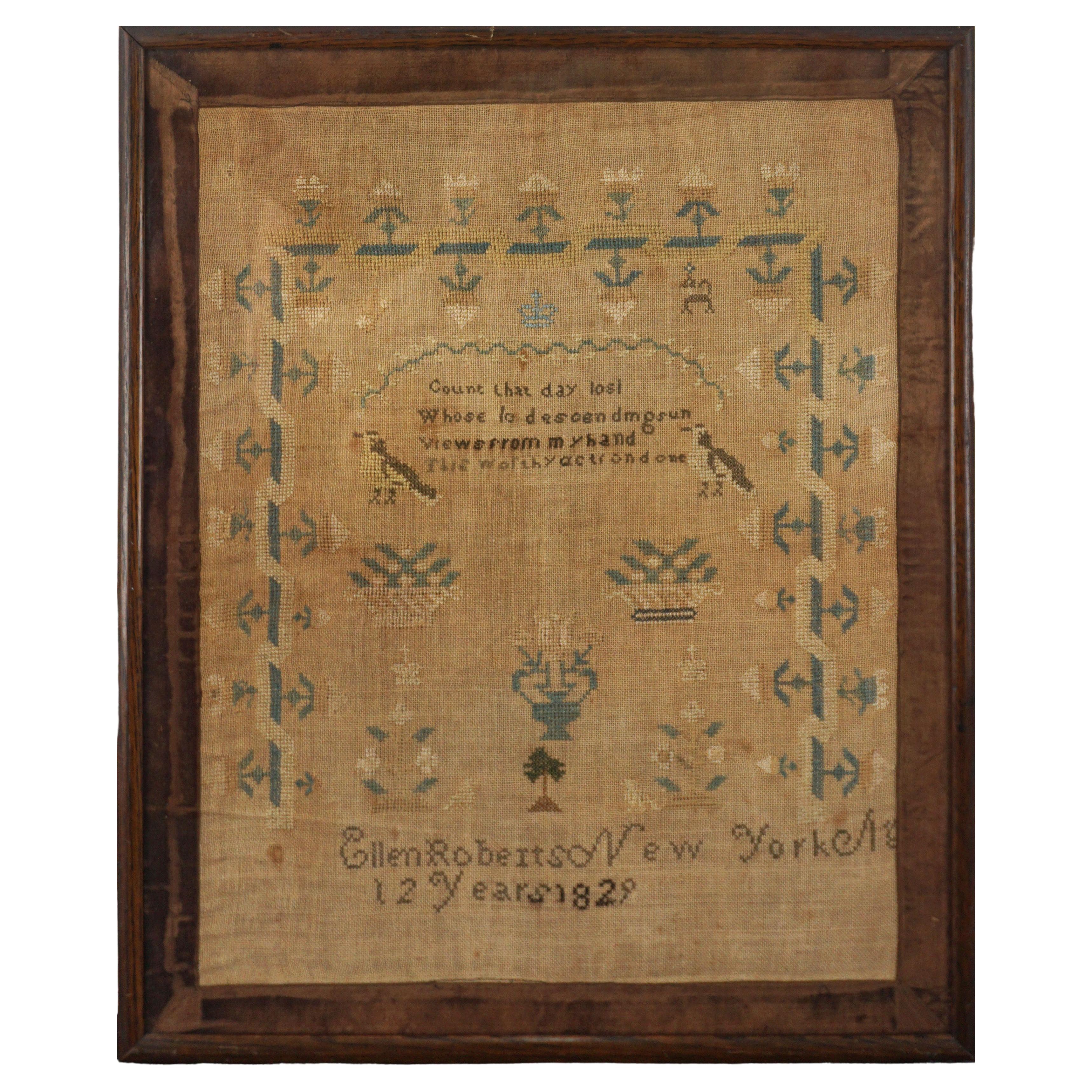 1829 Needlepoint Pictorial Sampler of Flowers and Quote by 12-year old Girl.
