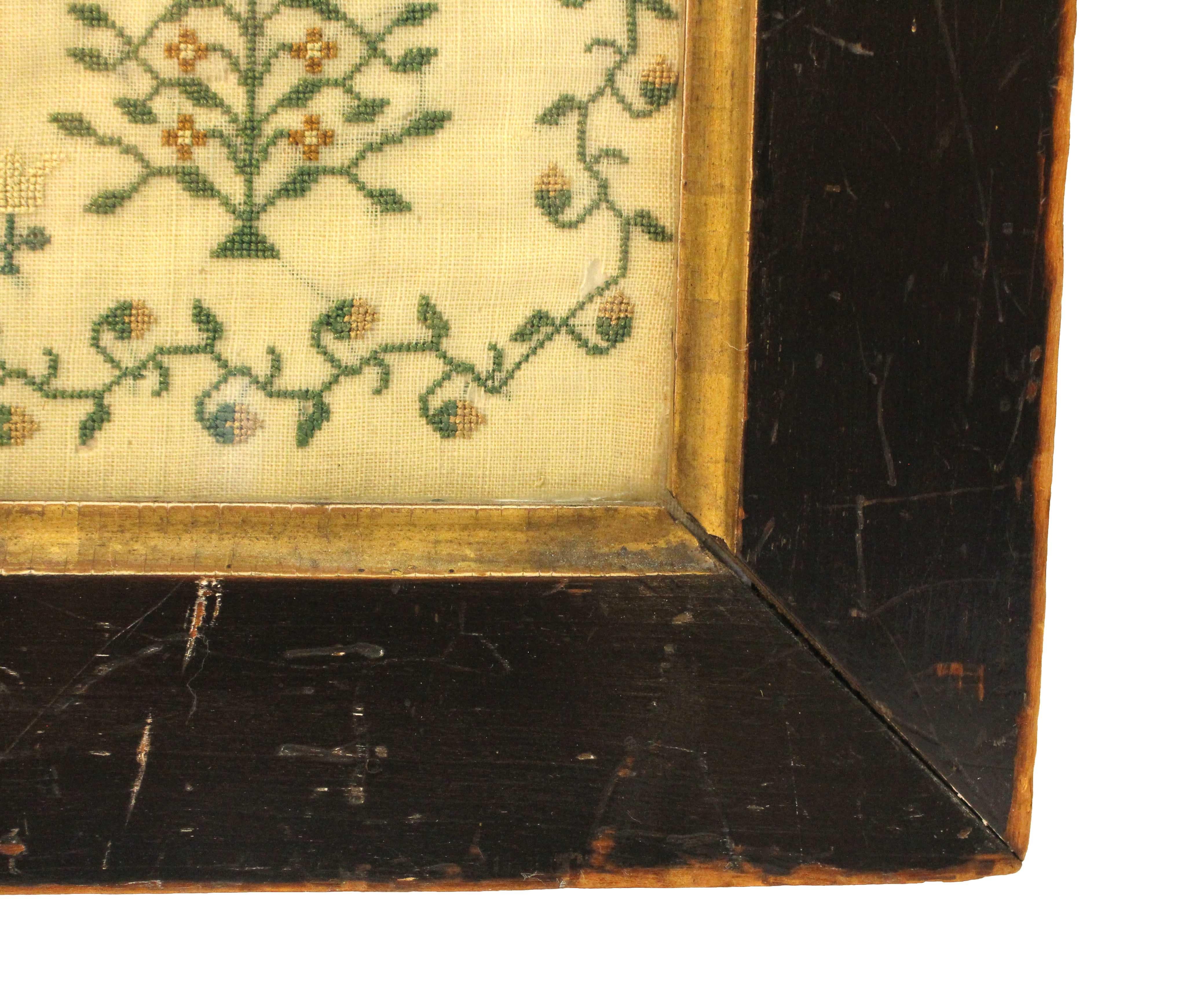 Stickmustertuch von Elizabeth Ann Edmonds aus dem Jahr 1829 in zeitgenössischem Rahmen, englisch. Ein attraktives, mit Seide gesticktes Mustertuch von George IV auf feinem Hintergrund. Exquisite kleine Stiche präsentieren ein religiöses Gedicht und