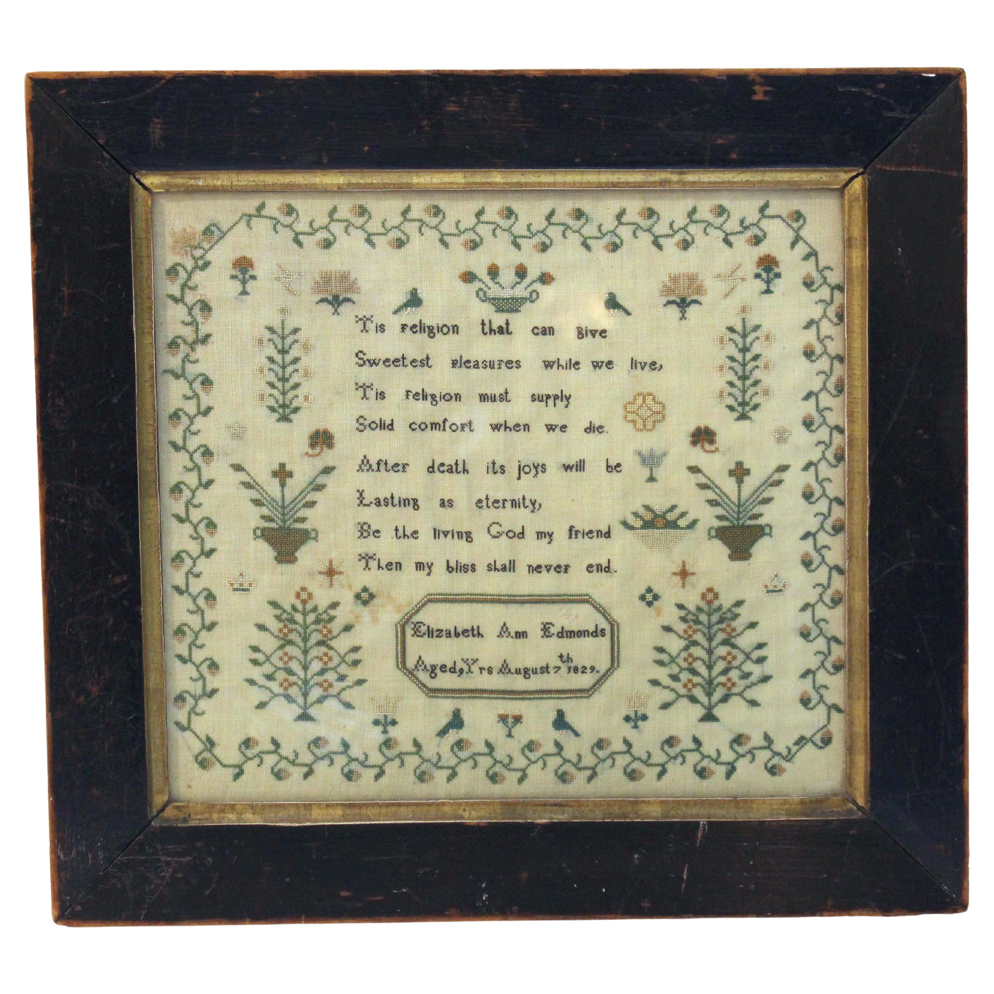 Mimbre de 1829 hecho por Elizabeth Ann Edmonds en marco de época, inglés