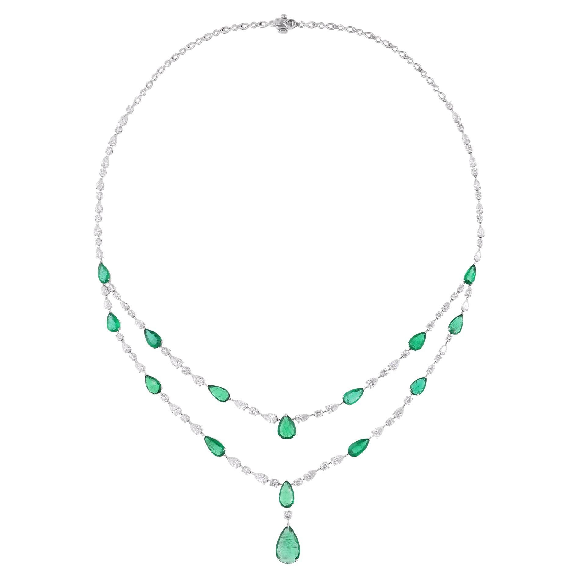 18.29TCW Zambian Emerald SI/H Diamond Layered Drop Necklace 14k White Gold