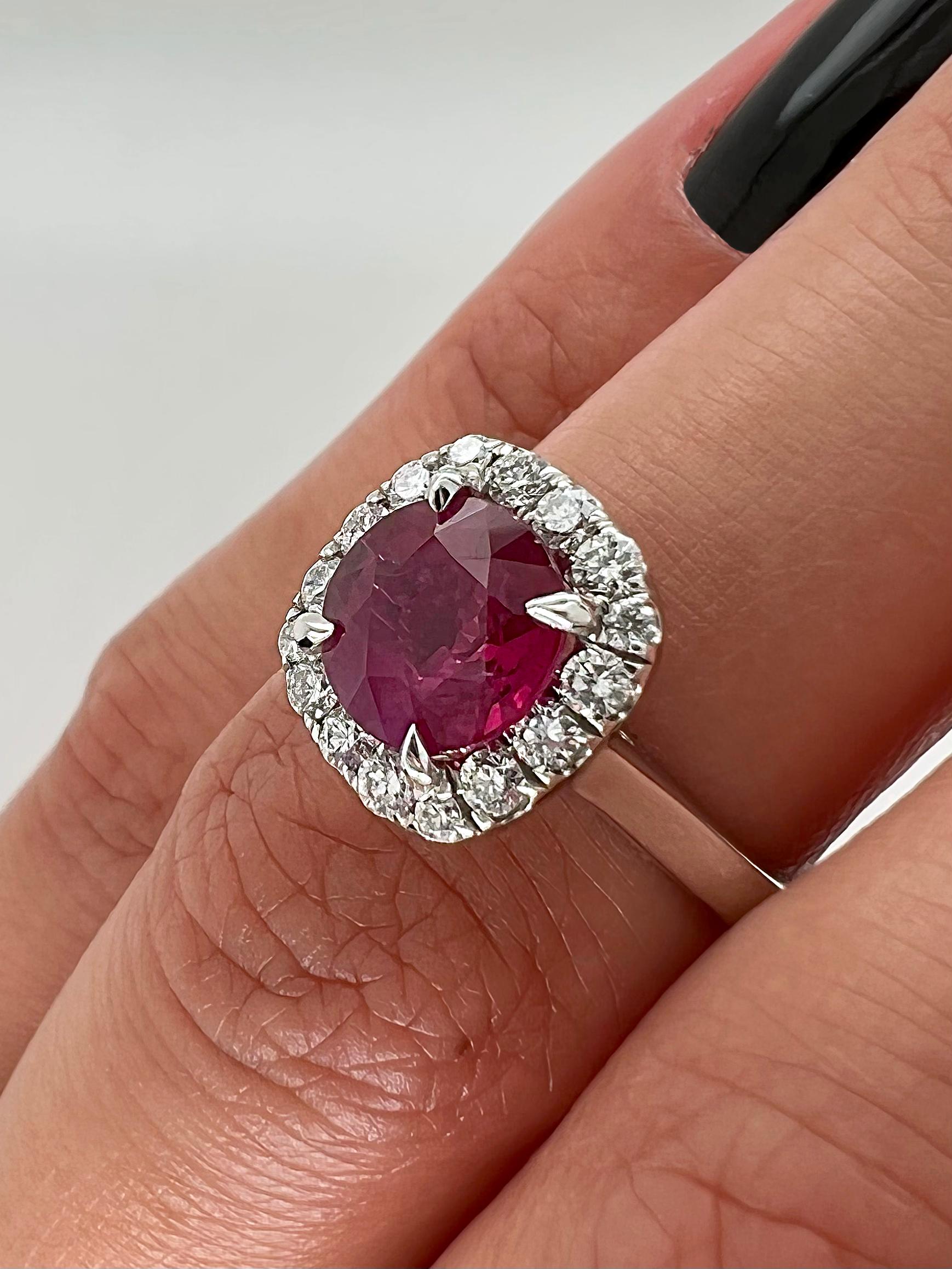 Women's or Men's 1.82 Total Carat Ruby and Diamond Halo Ladies Engagement Ring For Sale