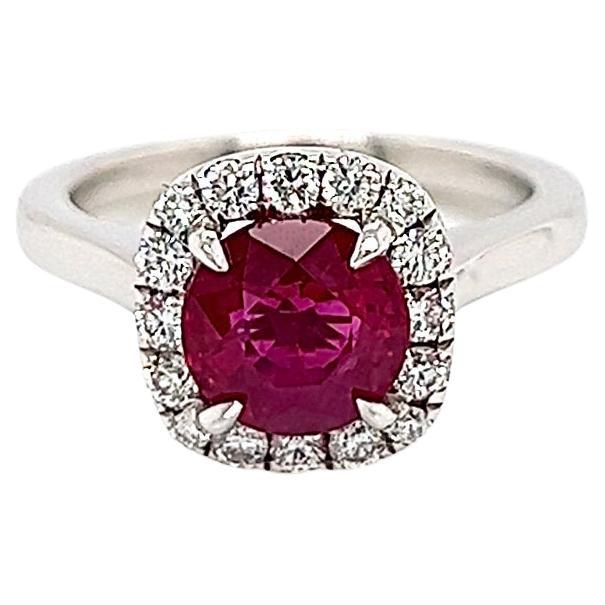 1.82 Total Carat Ruby and Diamond Halo Ladies Engagement Ring For Sale