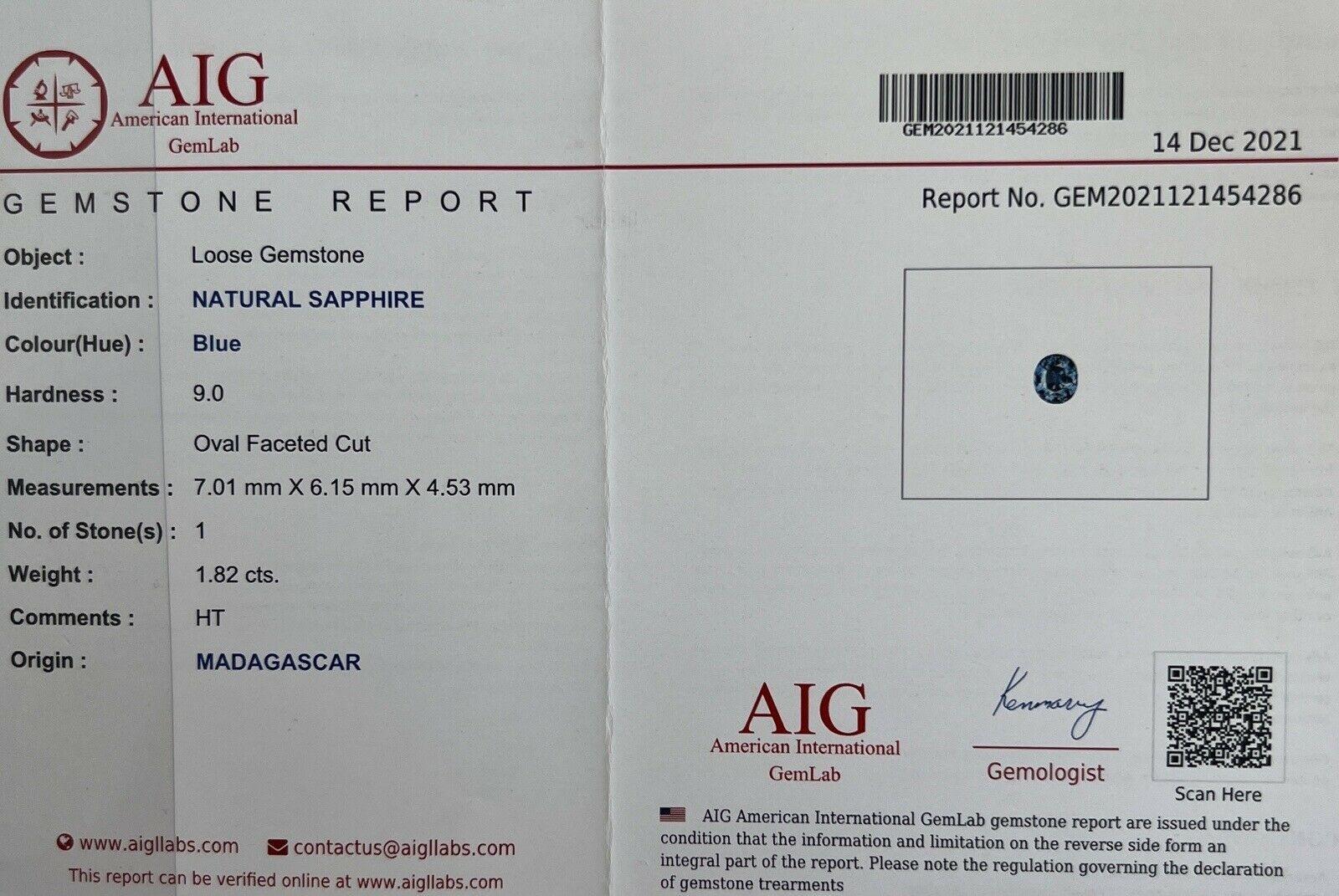 1.82ct AIG Certified Vivid Blue Sapphire Oval Cut Rare Loose Gemstone For Sale 4