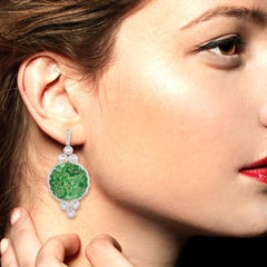 18.2ct Carved Jade Dangle Earrings With Diamonds Made In 18k White Gold