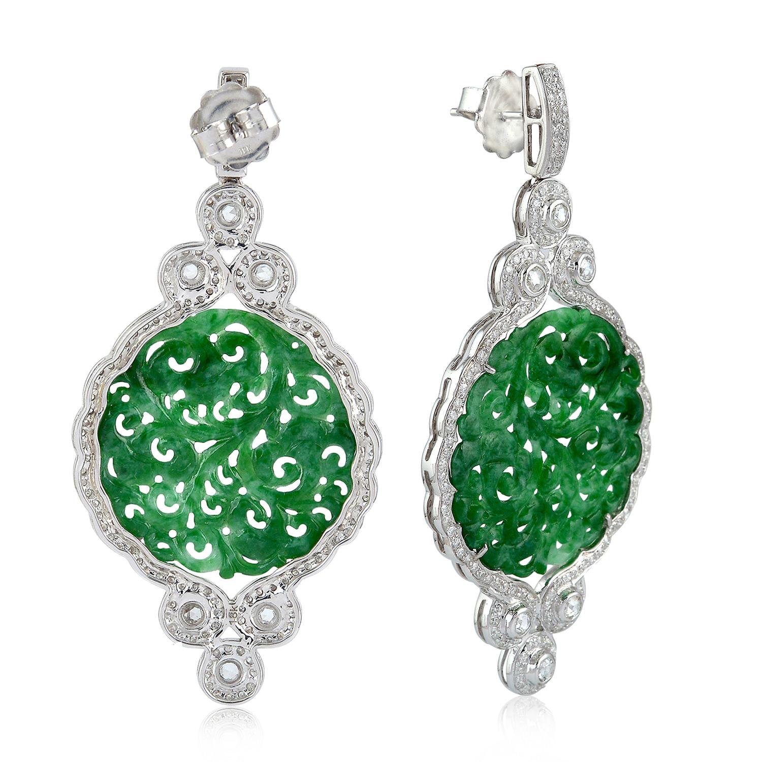 Contemporary 18.2ct Carved Jade Dangle Earrings With Diamonds Made In 18k White Gold For Sale